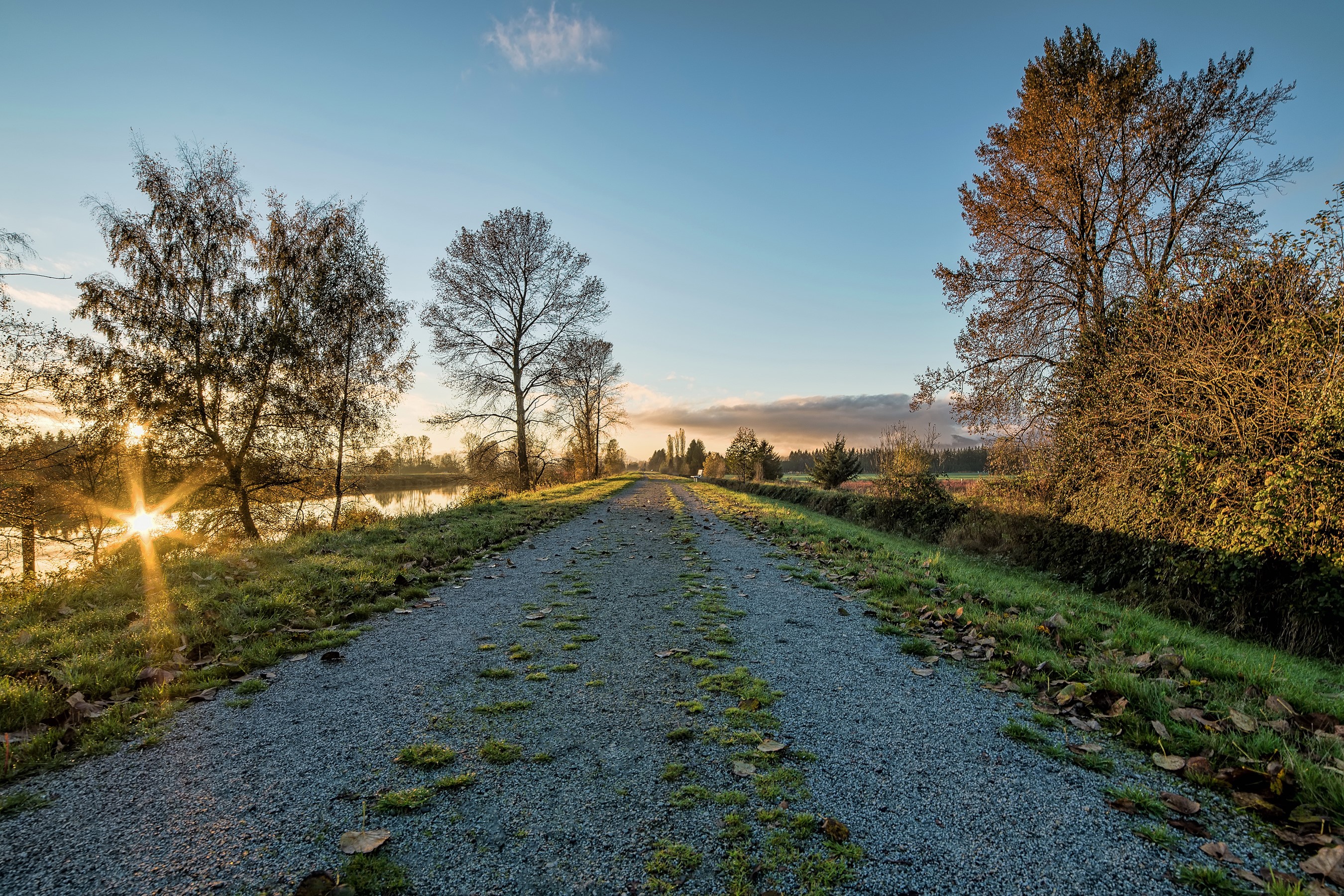 Gravel path by a lake at sunrise with autumn trees HD Wallpaper