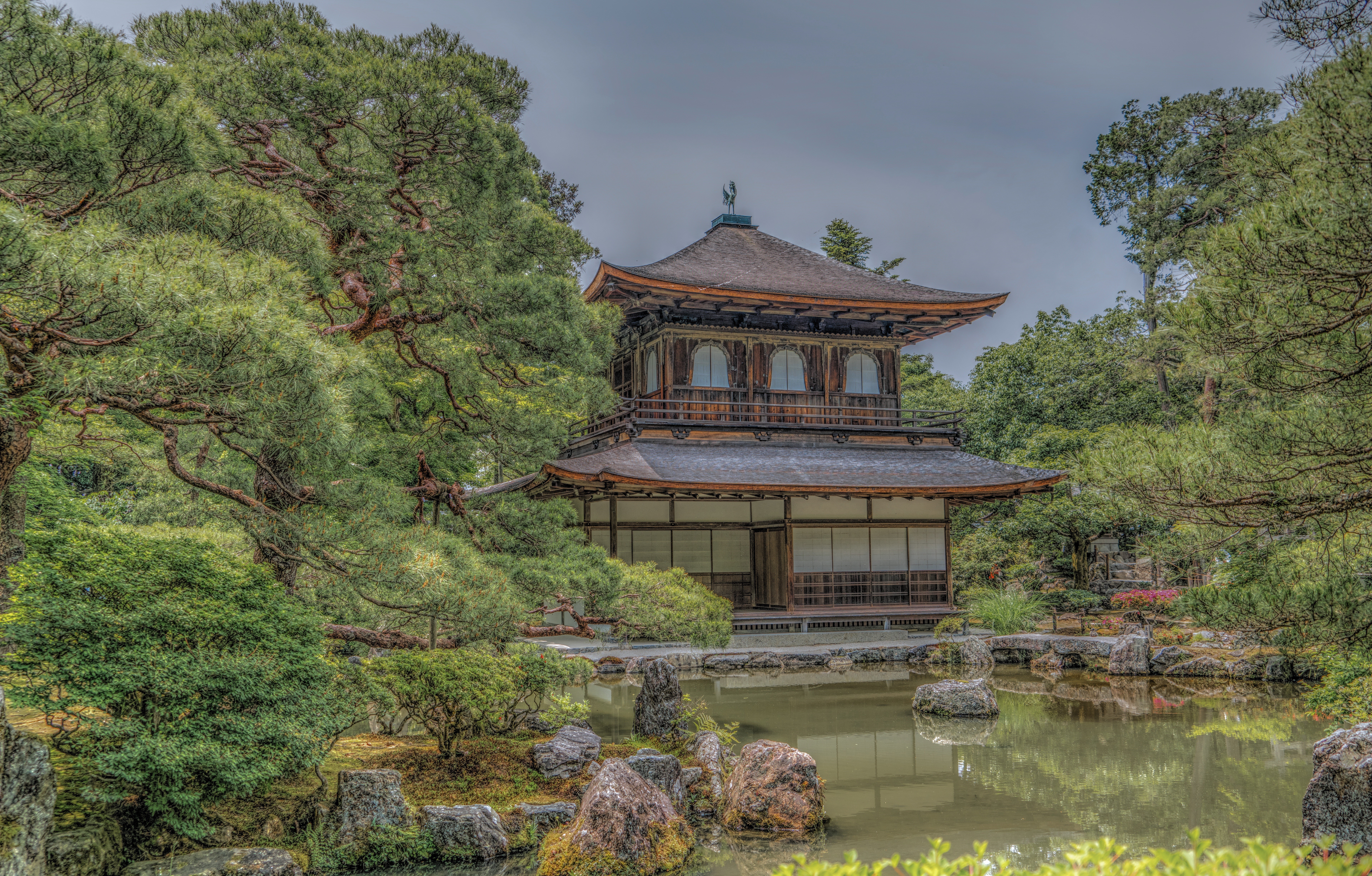 Ginkaku-ji Temple in Kyoto, Japan with Pond and Trees HD Wallpaper
