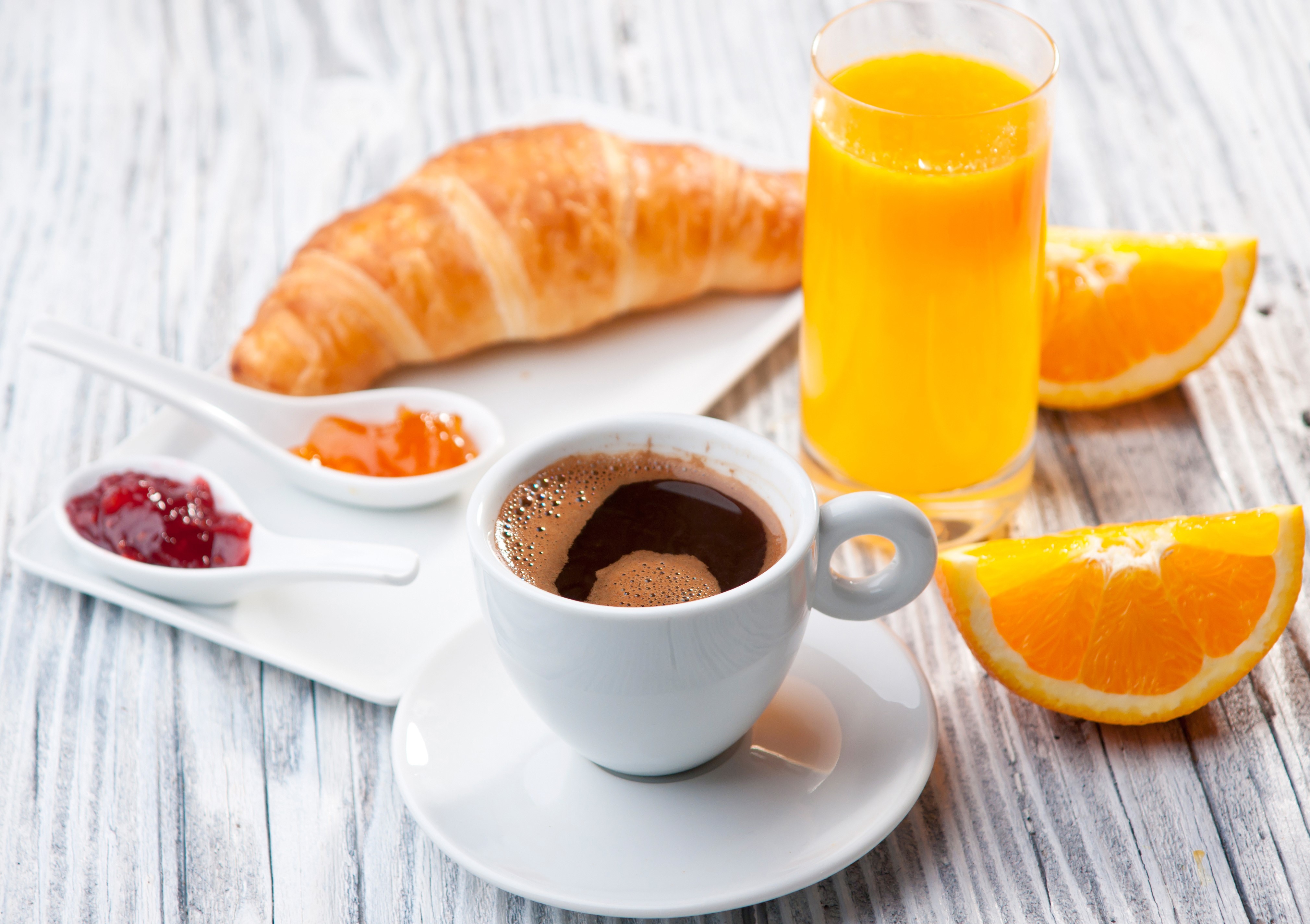 Breakfast with Coffee, Orange Juice, Croissant, and Jam HD Wallpaper