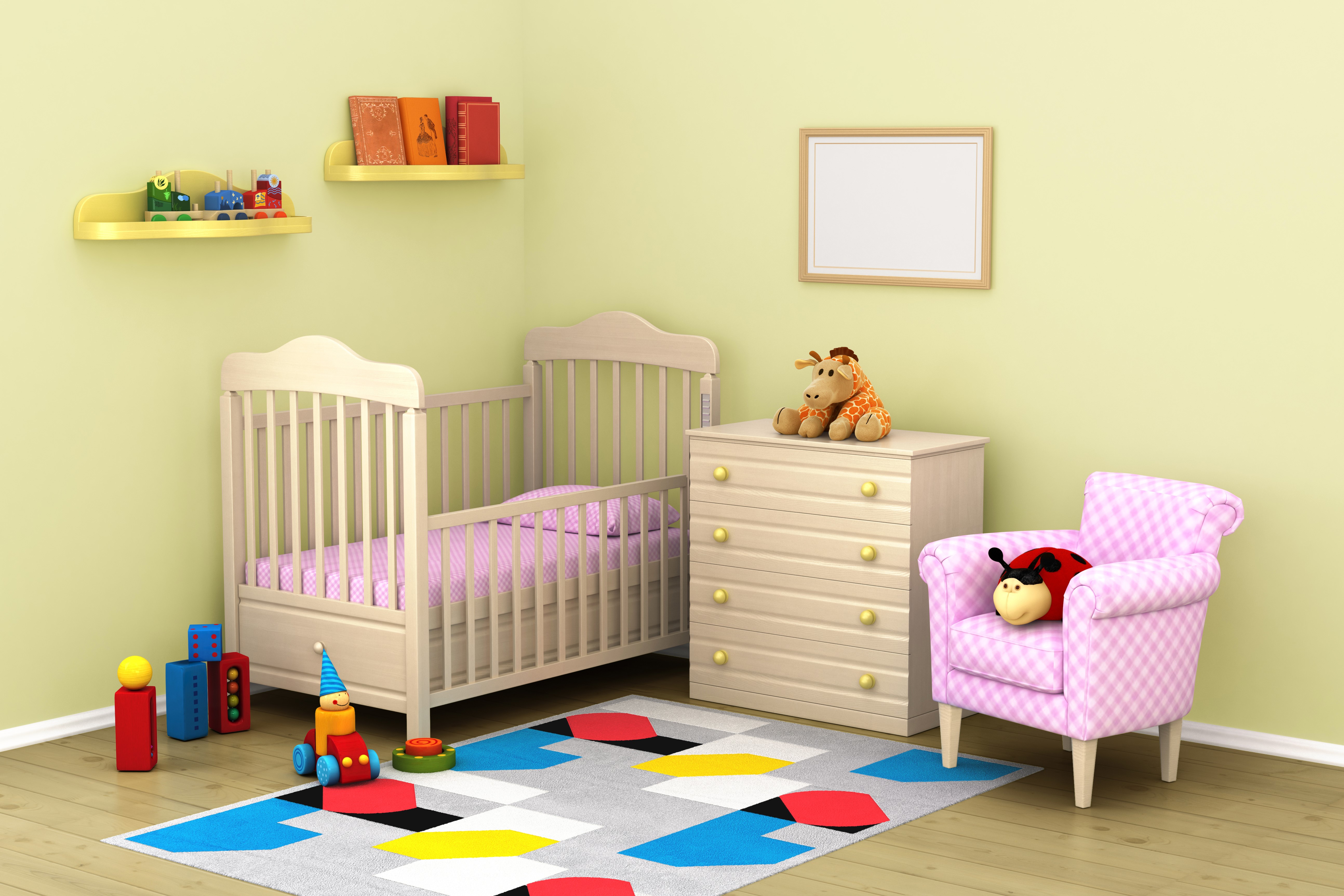 Children's room with crib, armchair, and toys HD Wallpaper