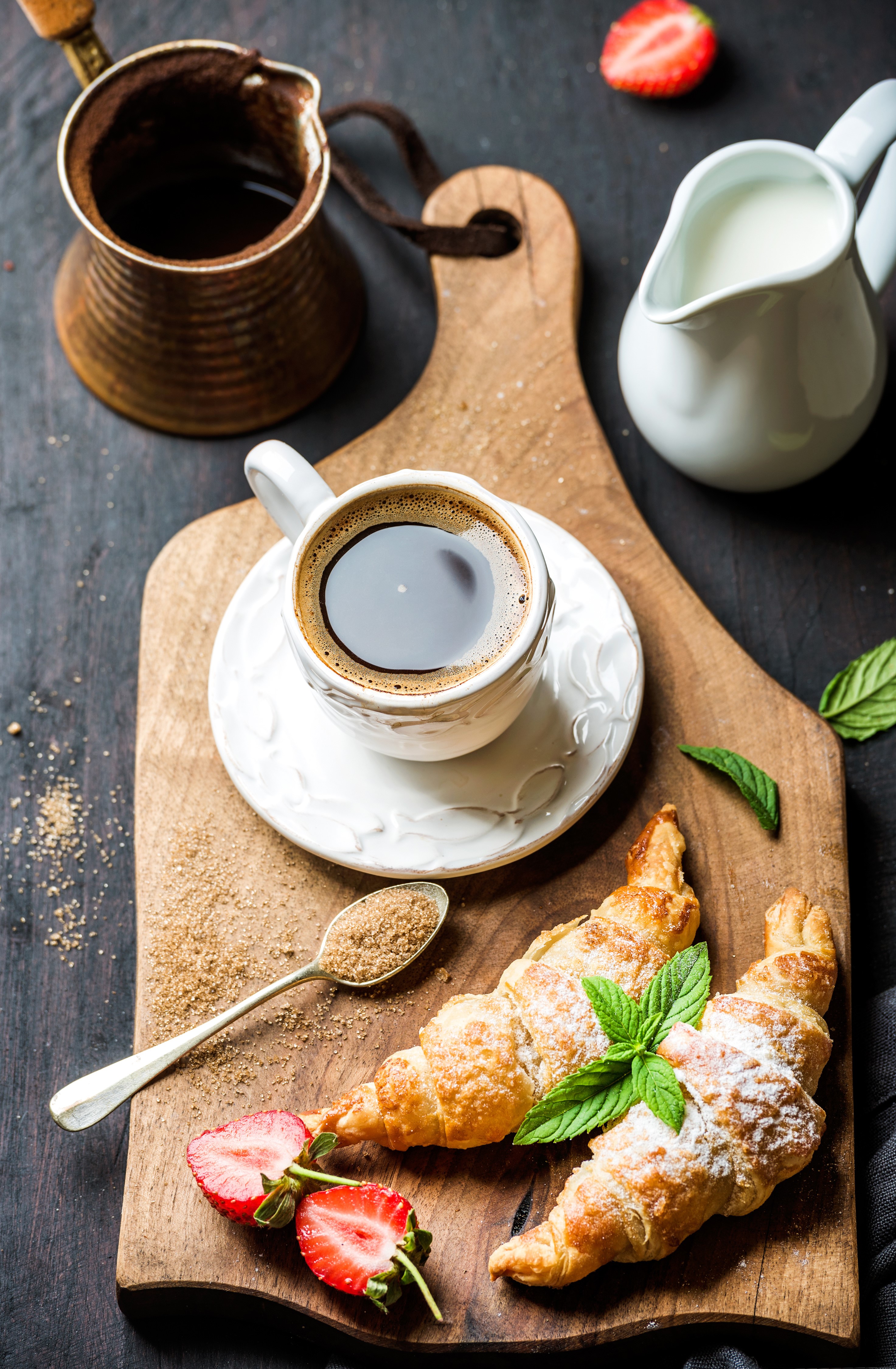 Coffee, Croissants, Strawberries, and Milk on a Cutting Board HD Phone Wallpaper