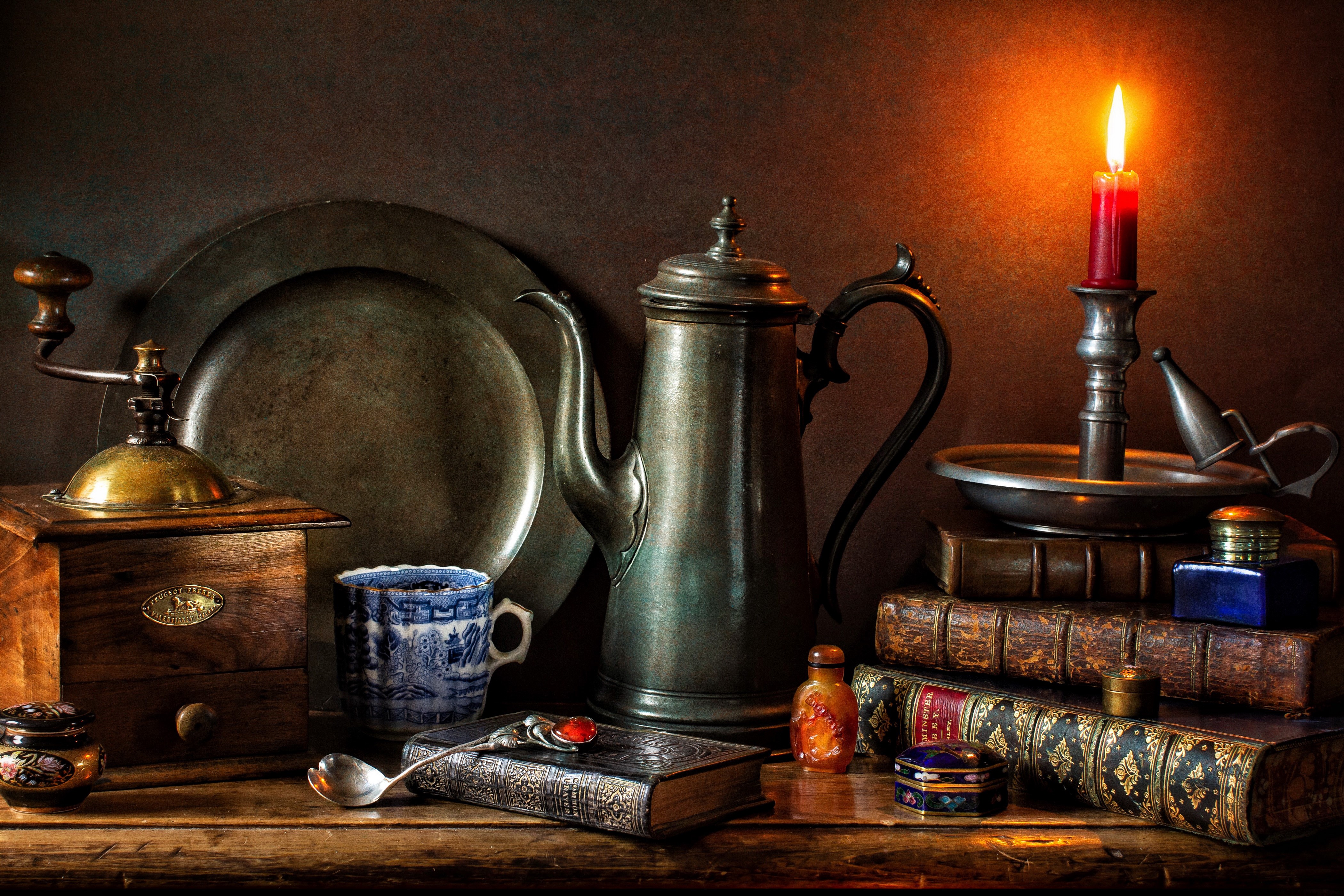 Still-life with Kettle, Cup, Books, and Candle HD Wallpaper