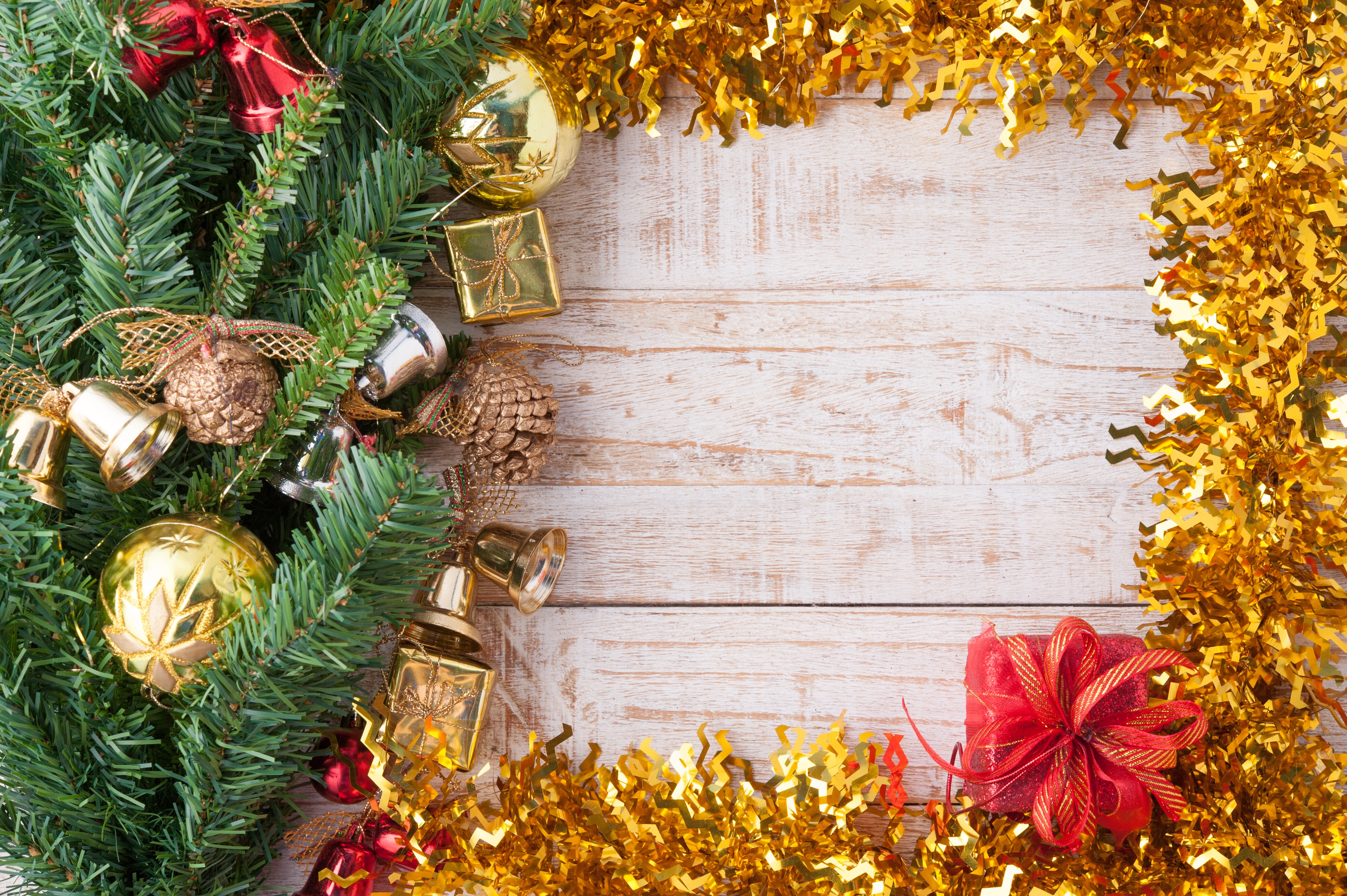Christmas Decorations on Wood Planks HD Wallpaper