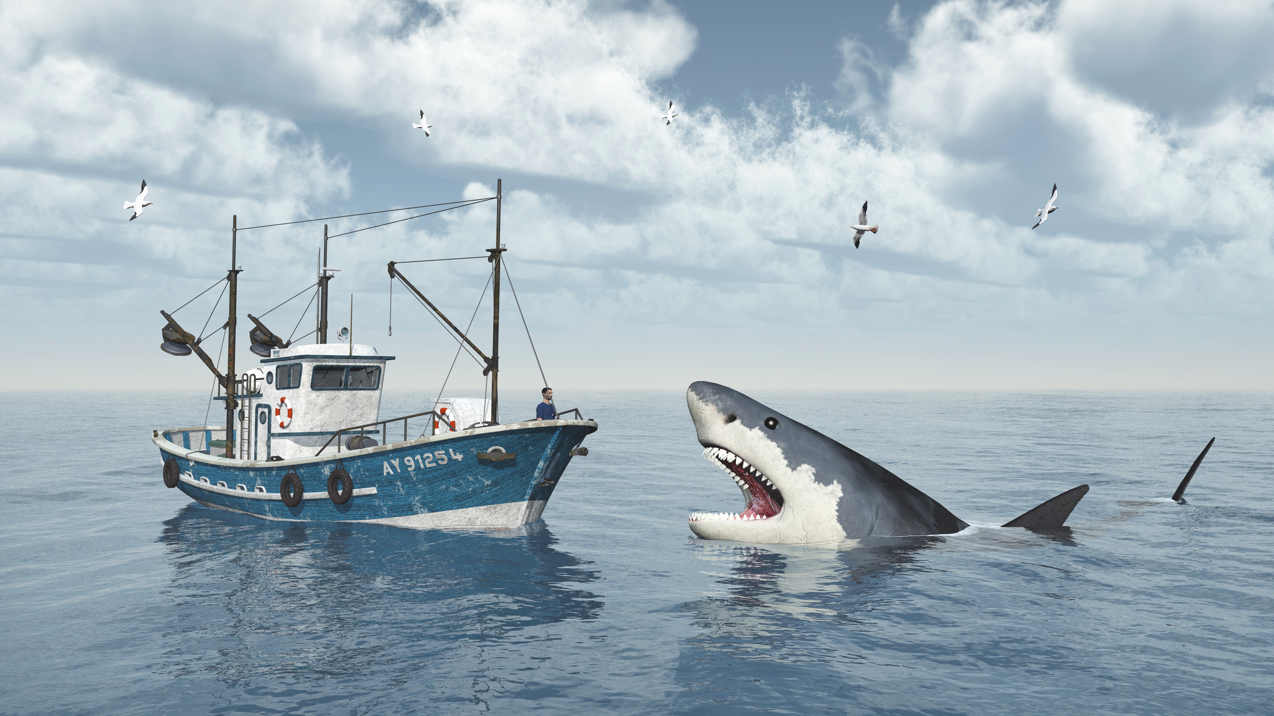 Fishing boat encounters a shark HD Wallpaper