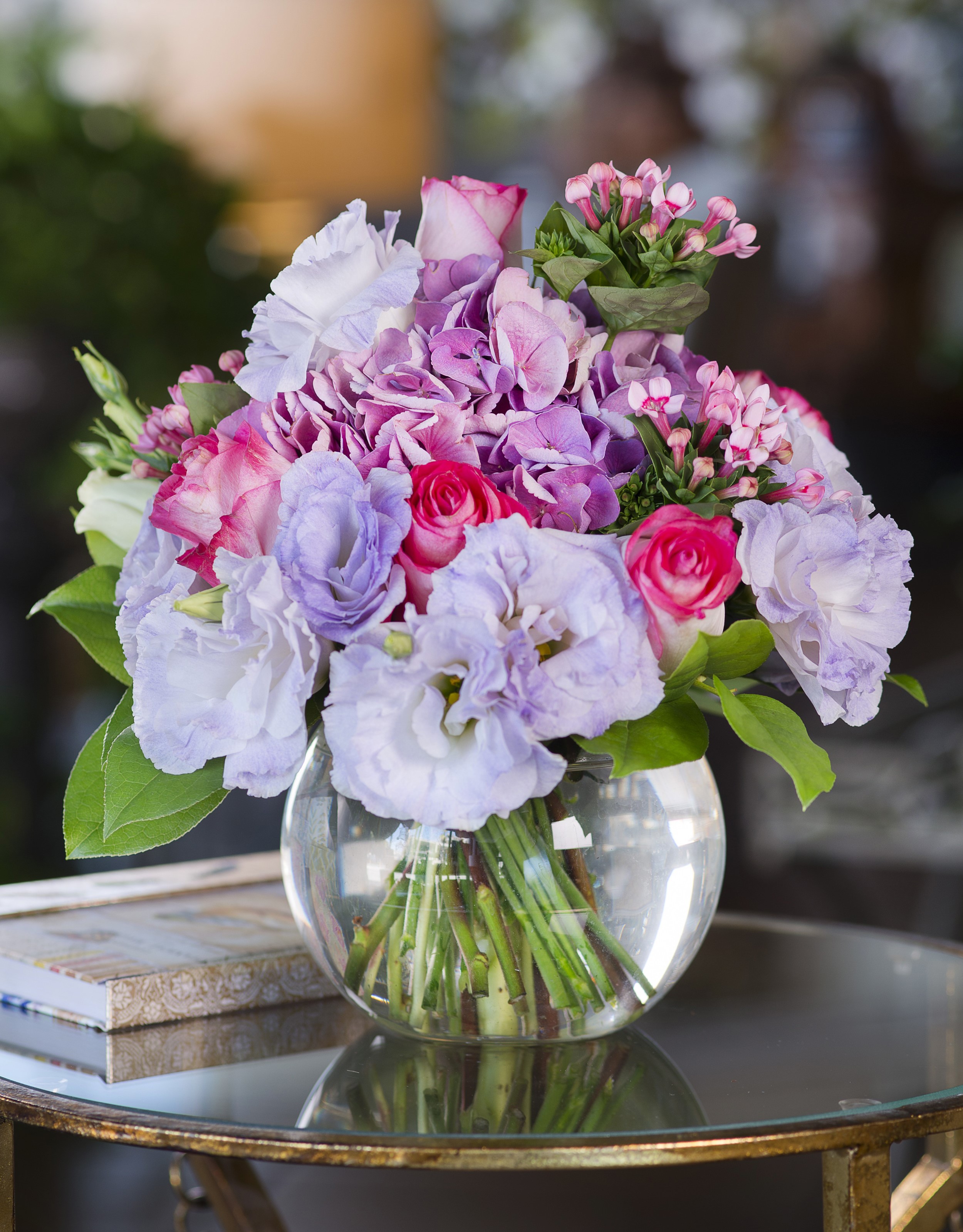 Bouquet of Roses, Eustoma, and Hydrangea in a Glass Vase HD Phone Wallpaper
