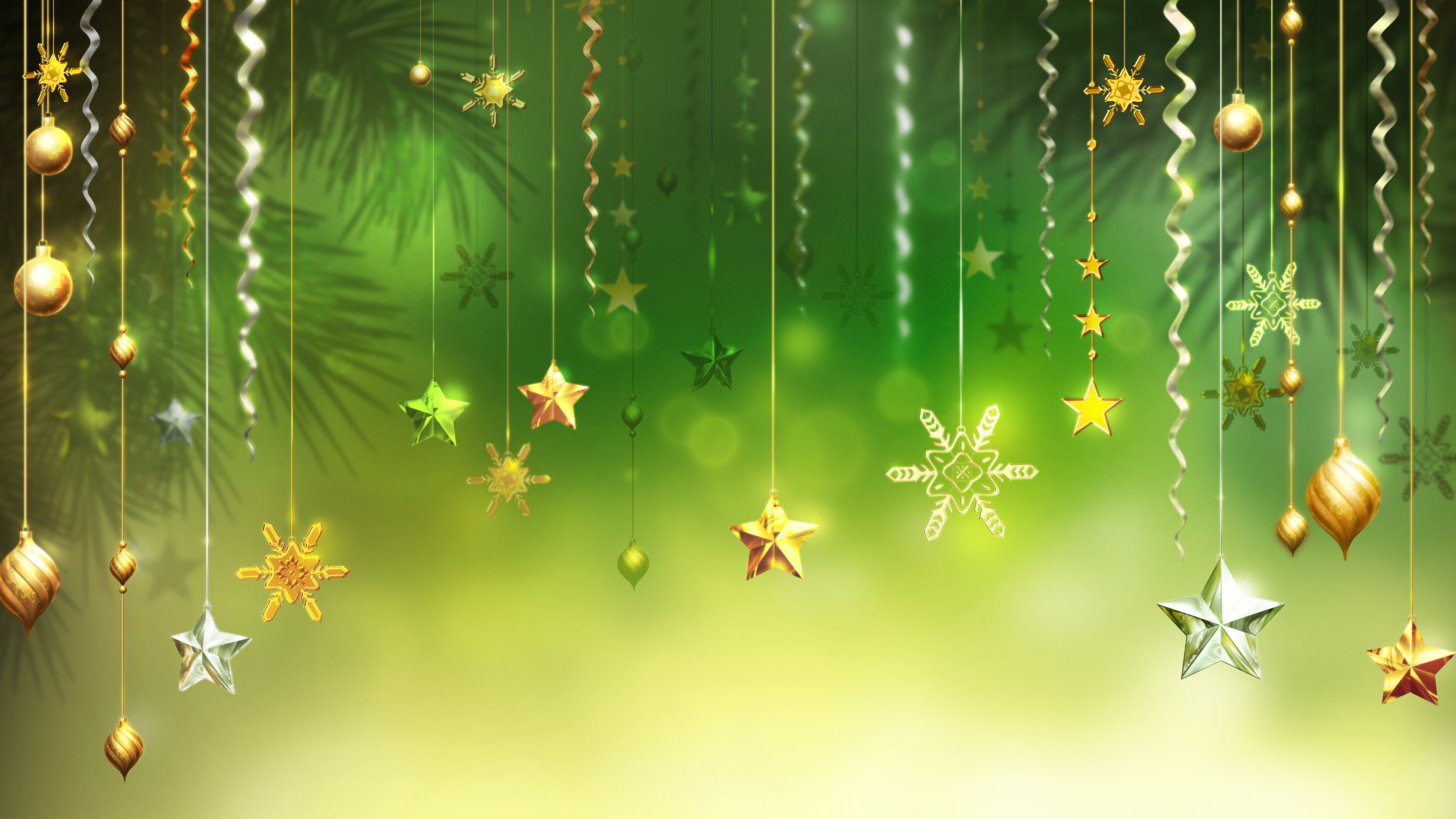 Christmas ornaments and snowflakes on green background HD Wallpaper