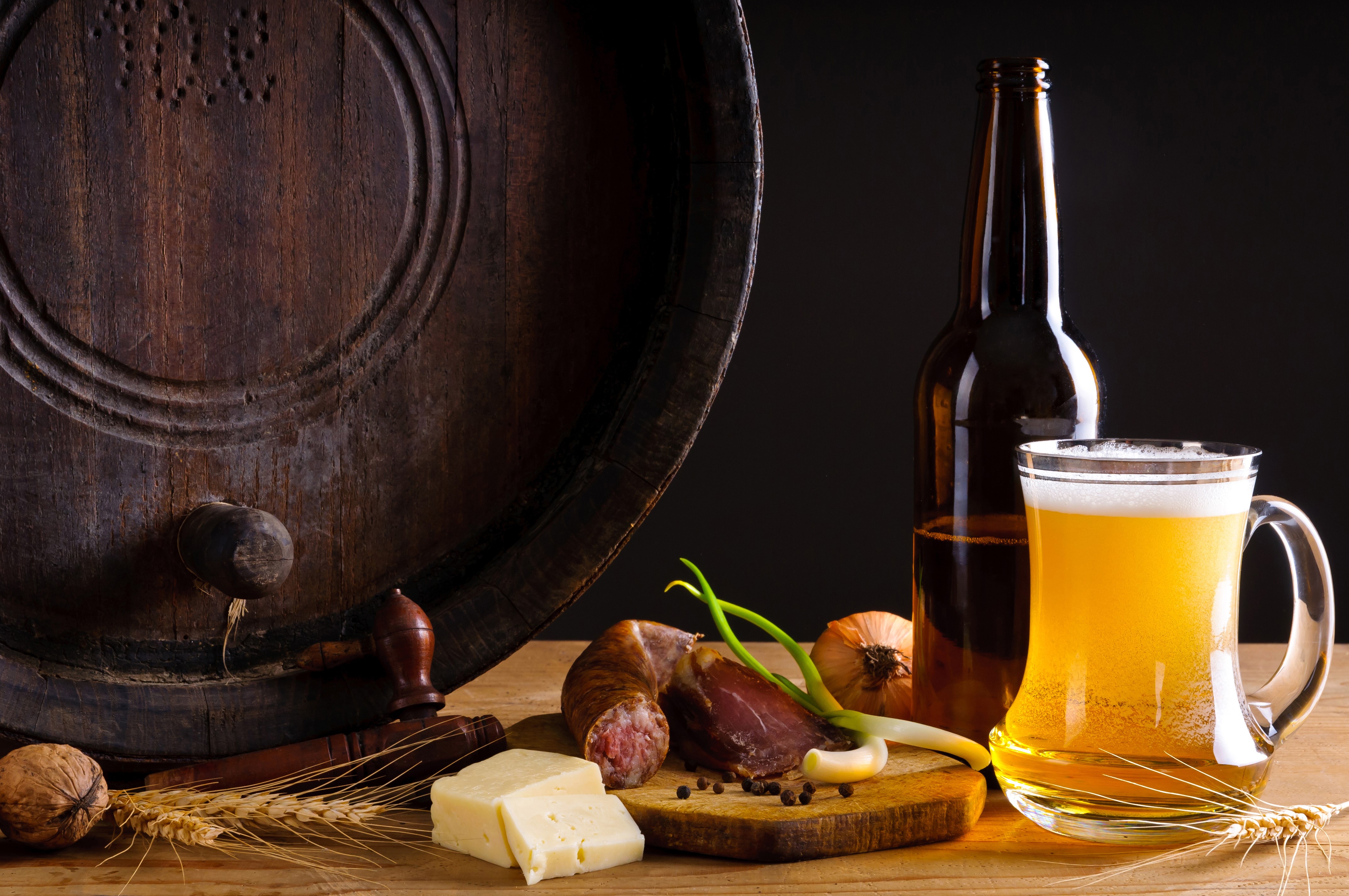 Beer, Sausage, Cheese, Nuts, and Barrel HD Wallpaper