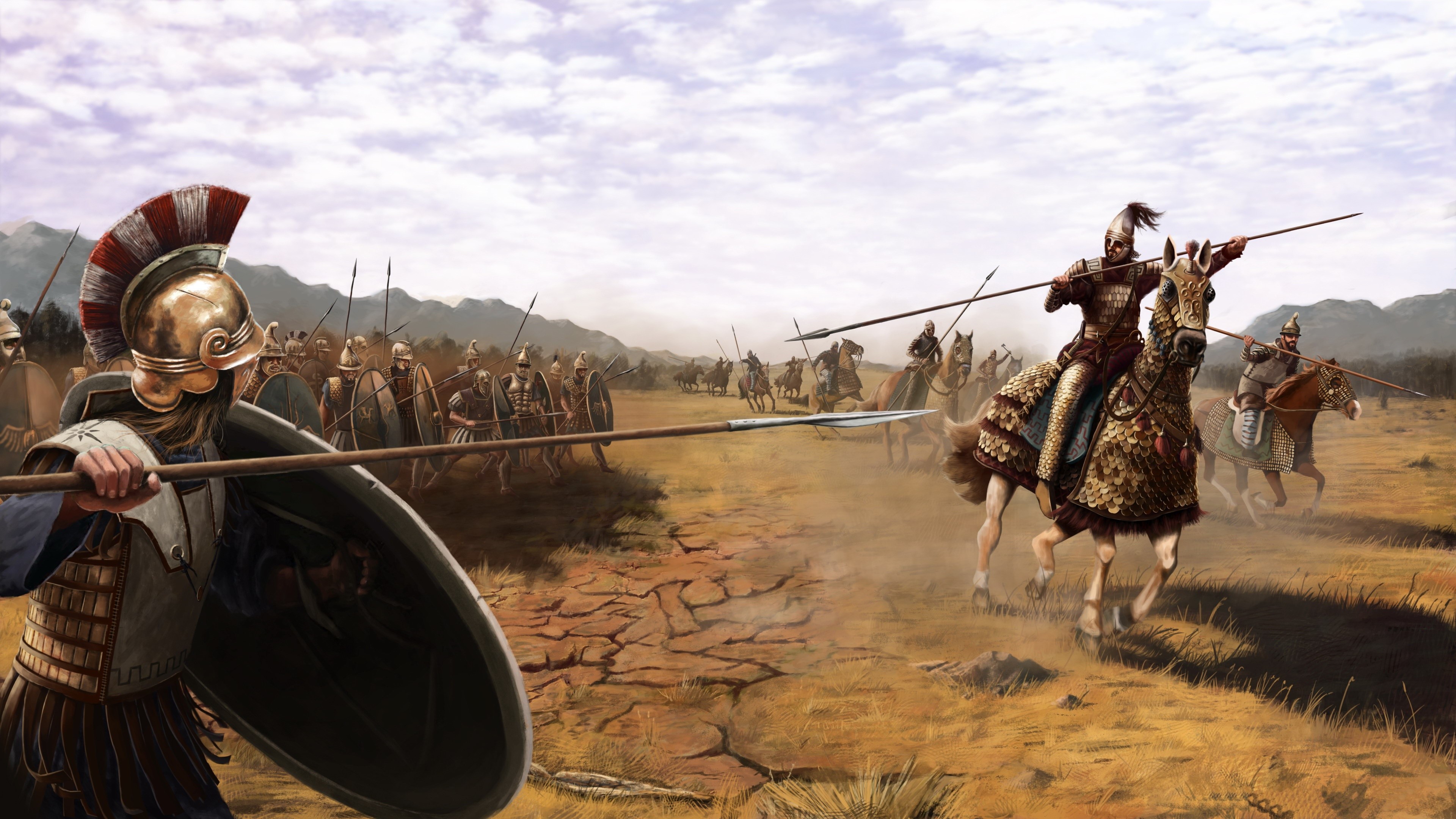 Ancient Warriors and Horses in Battle HD Wallpaper