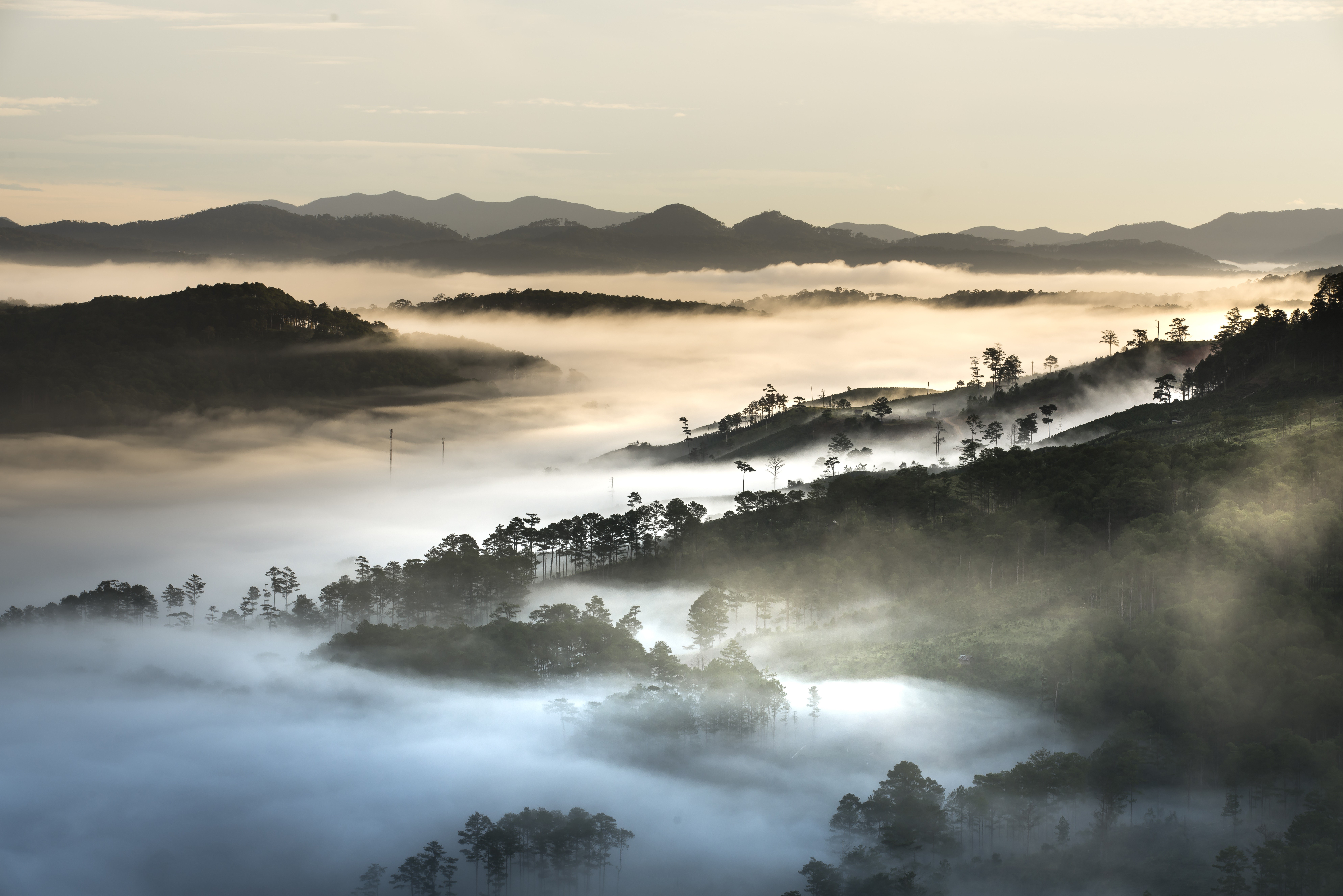 Mountains and Forests in Fog at Da Lat, Vietnam HD Wallpaper