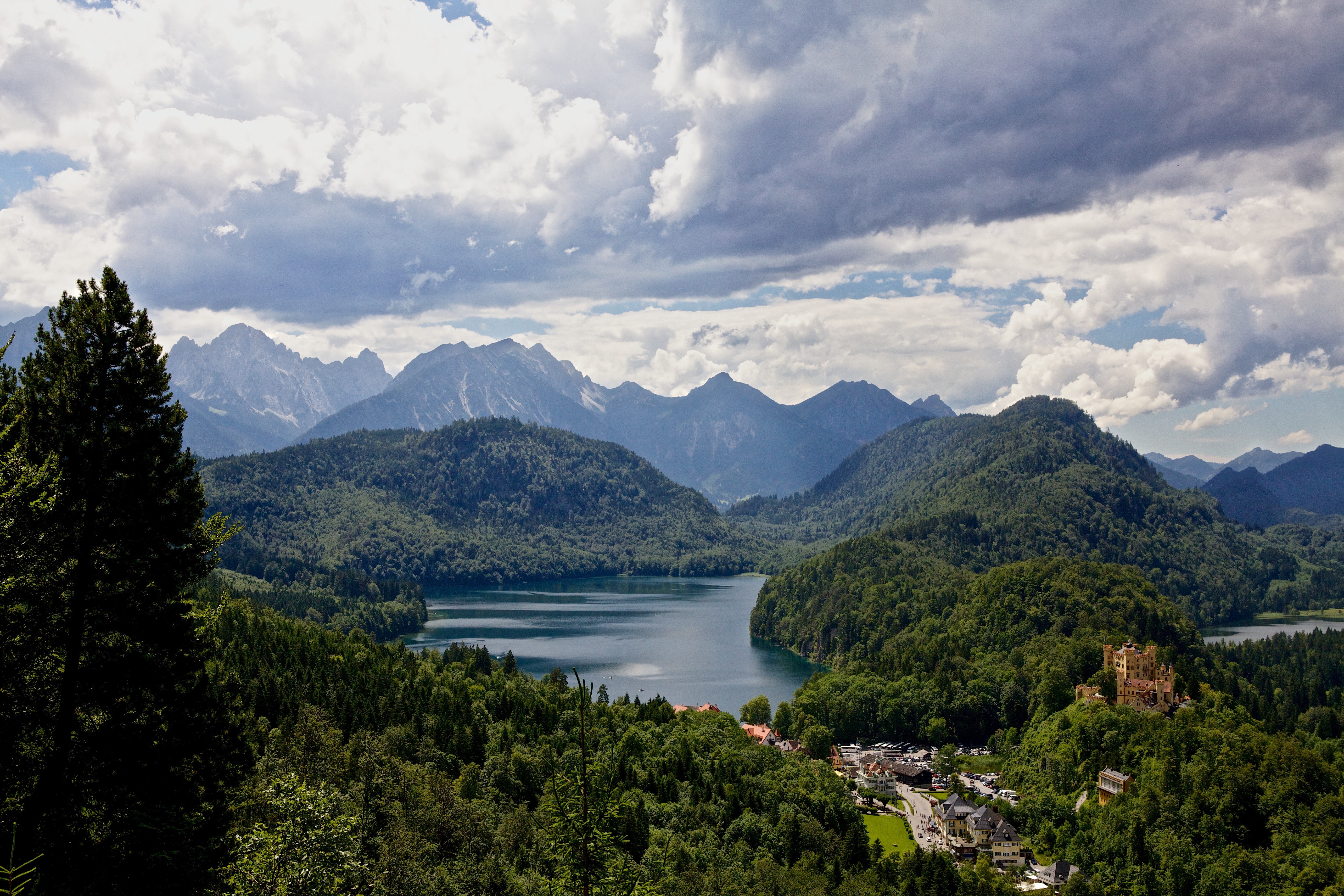 Germany Lake Mountains Forests Castle Alps Bavaria Clouds HD Wallpaper