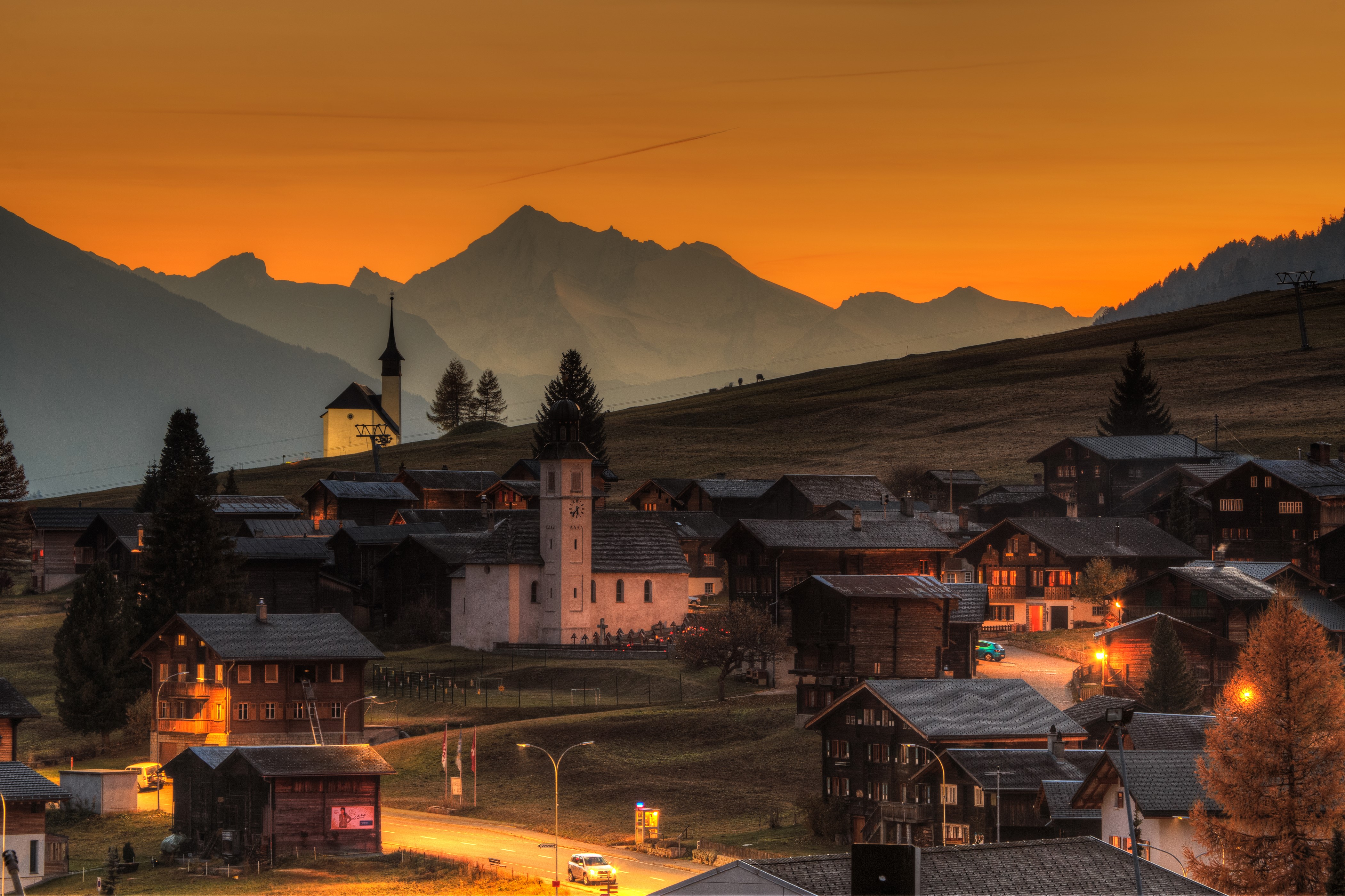 Gluringen Goms, Switzerland Village at Evening HD Wallpaper