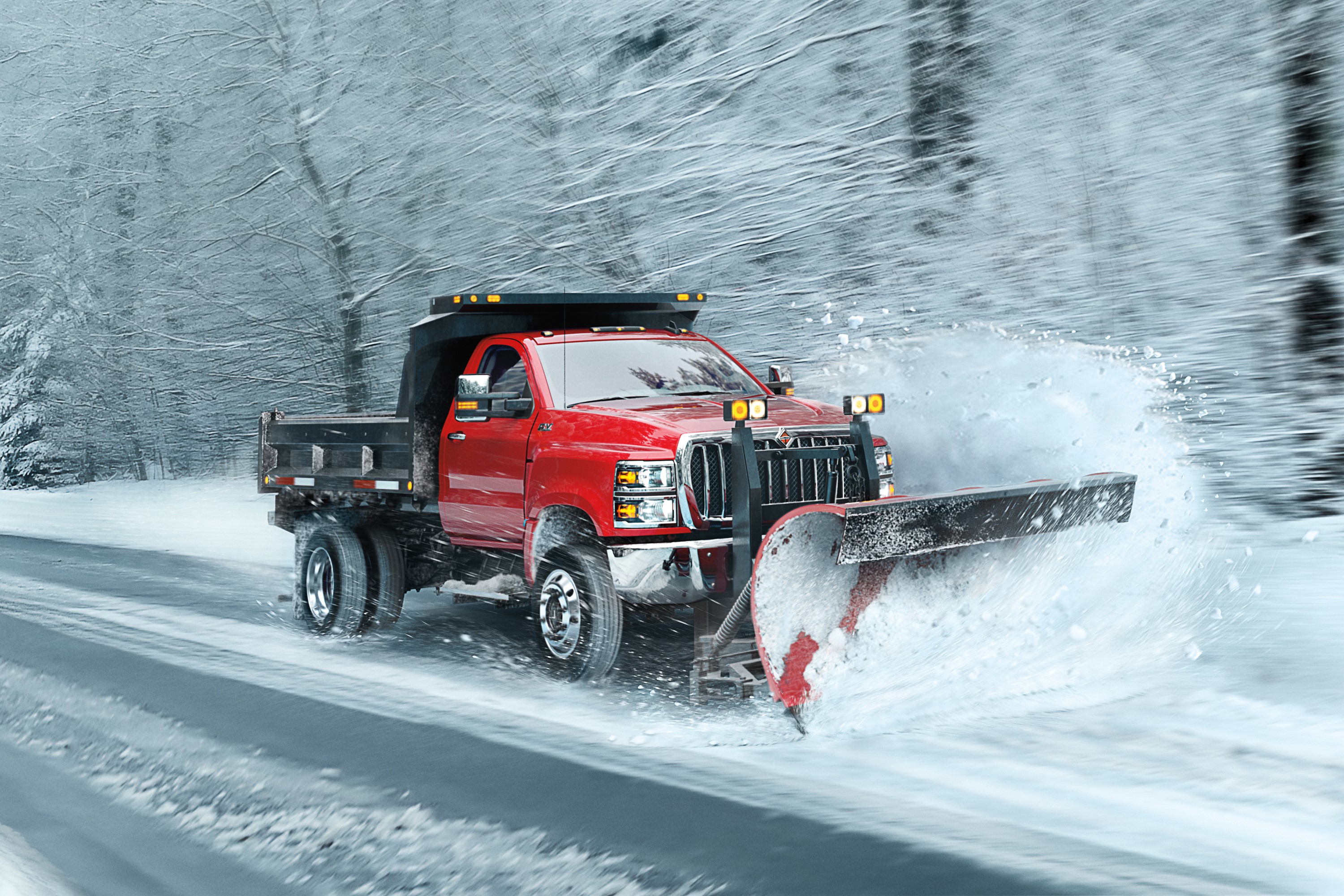 Red International CV Day Cab Snow Plow Truck HD Wallpaper