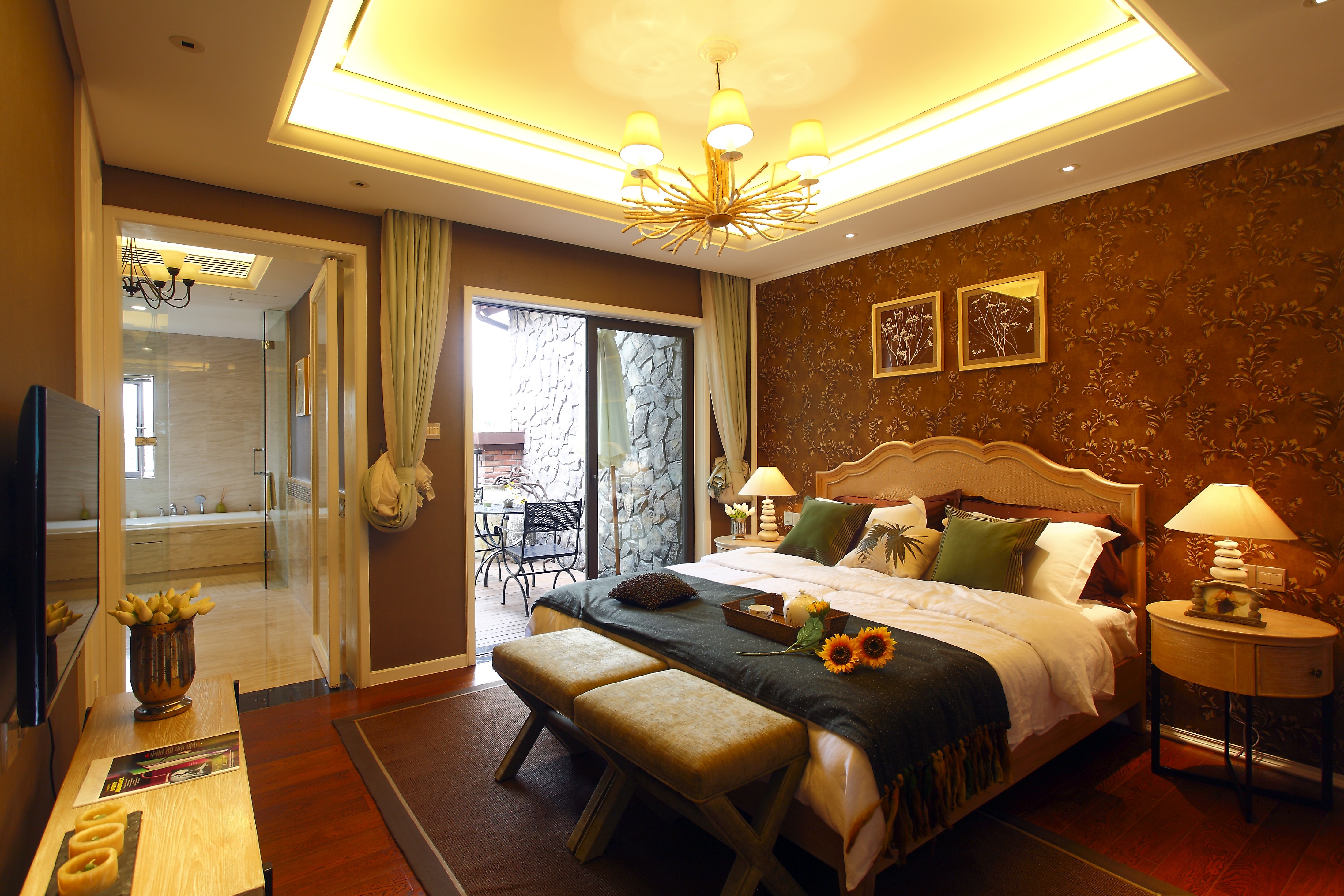 Bedroom with Chandelier and Lamps HD Wallpaper