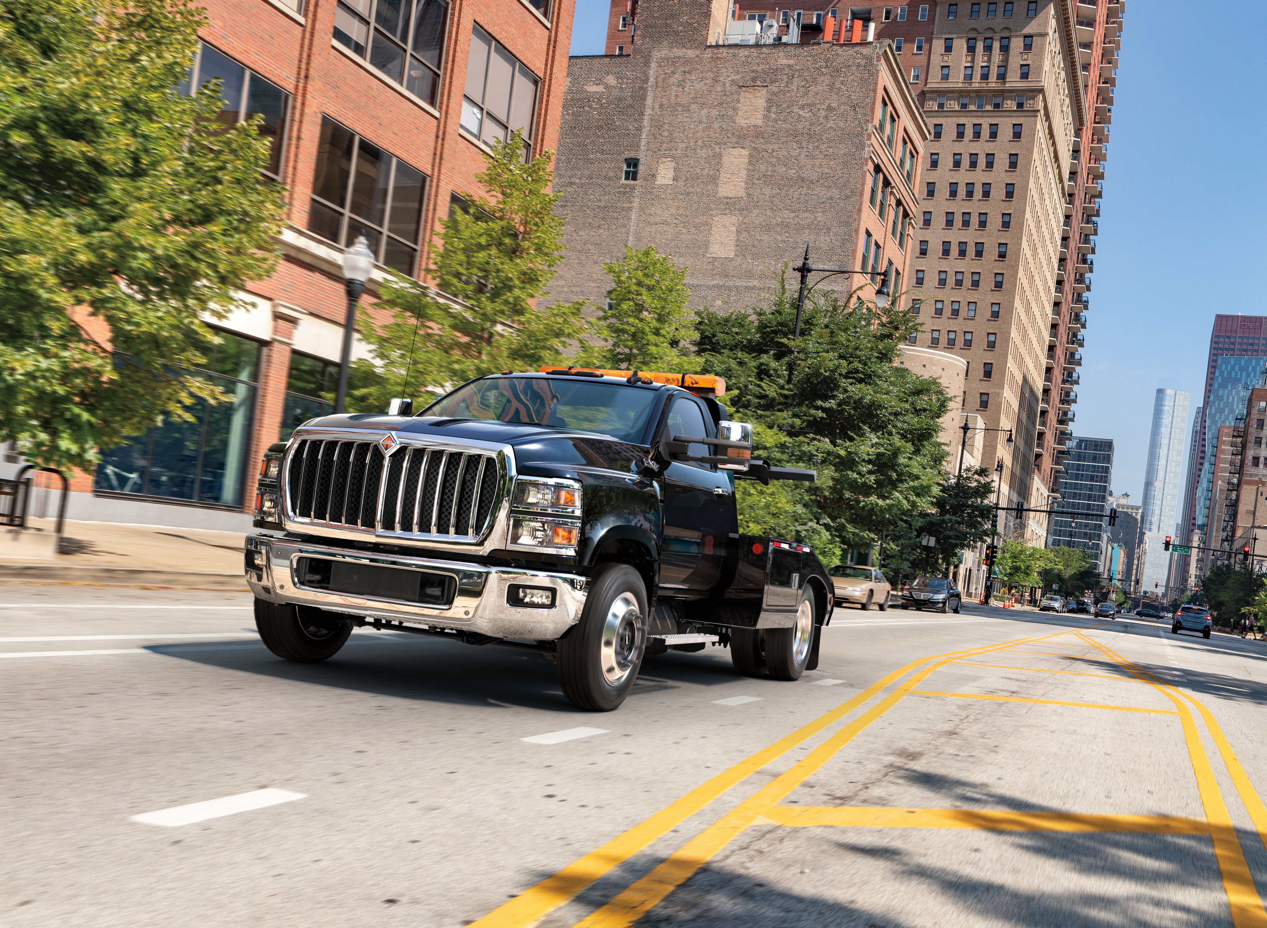 Black 2018 International CV Day Cab Wrecker Truck in Motion HD Wallpaper