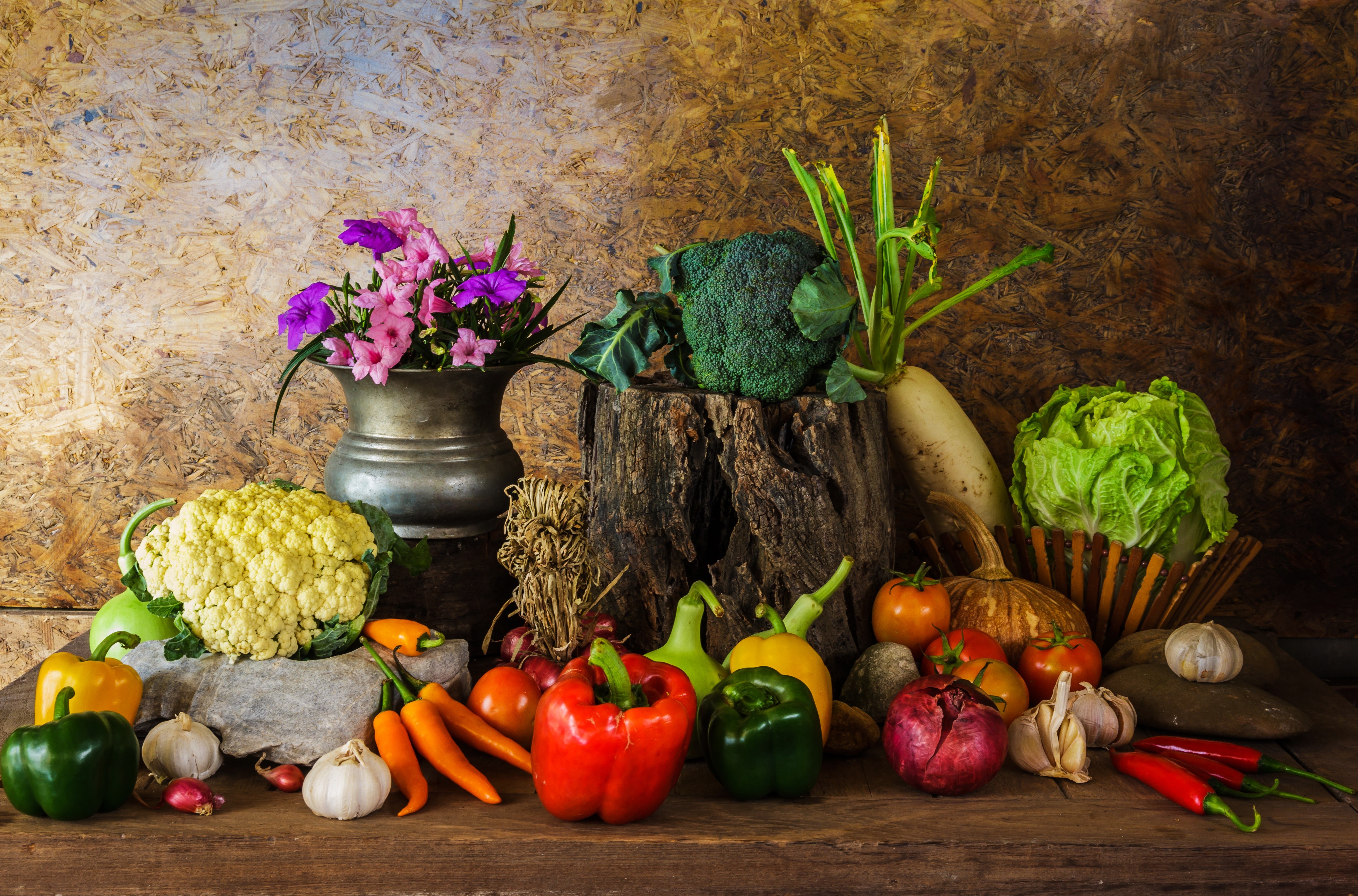 Still life with vegetables and flowers HD Wallpaper