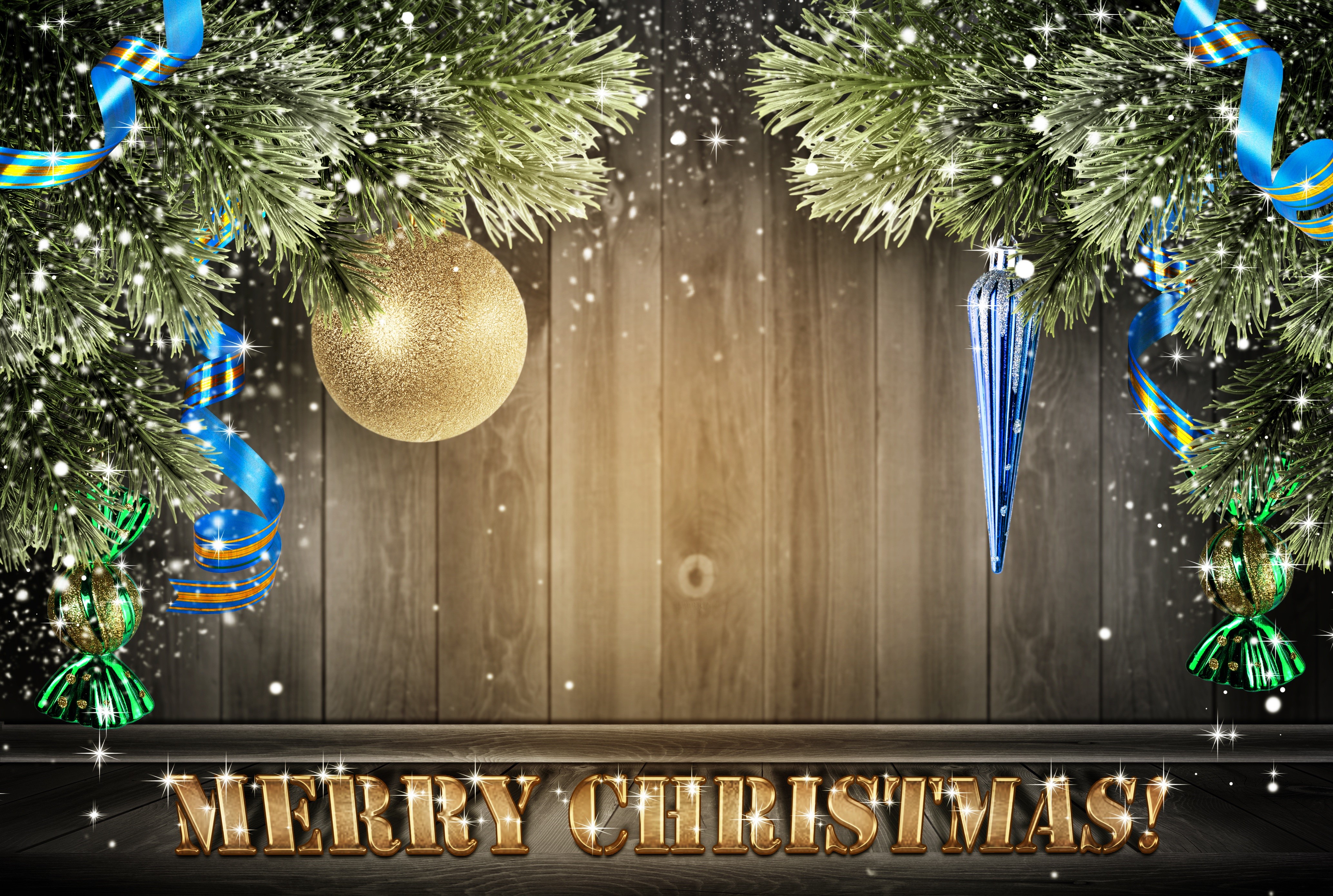 Christmas greeting card with ornaments and ribbons HD Wallpaper