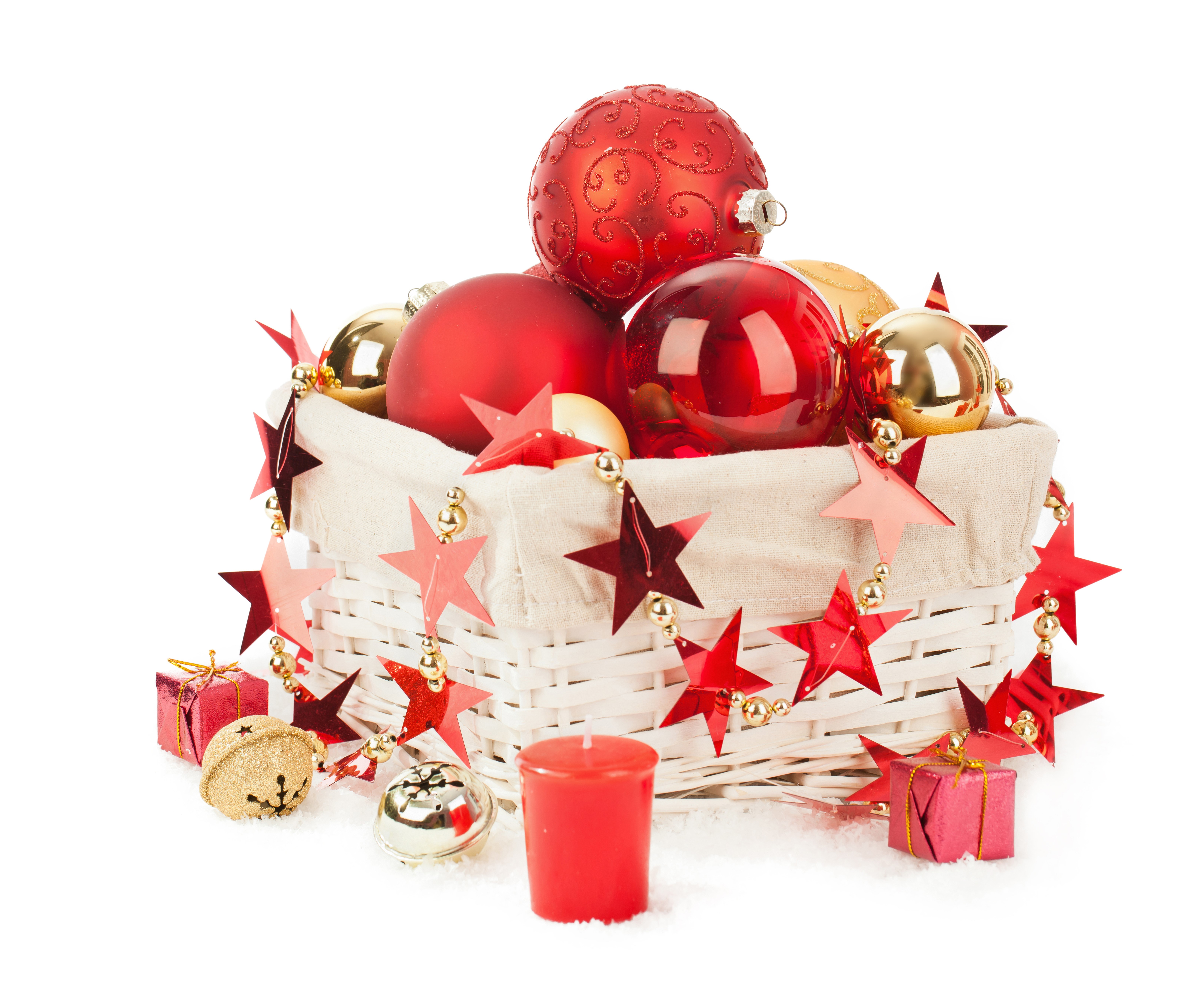 Christmas basket with ornaments, gifts, and candle HD Wallpaper