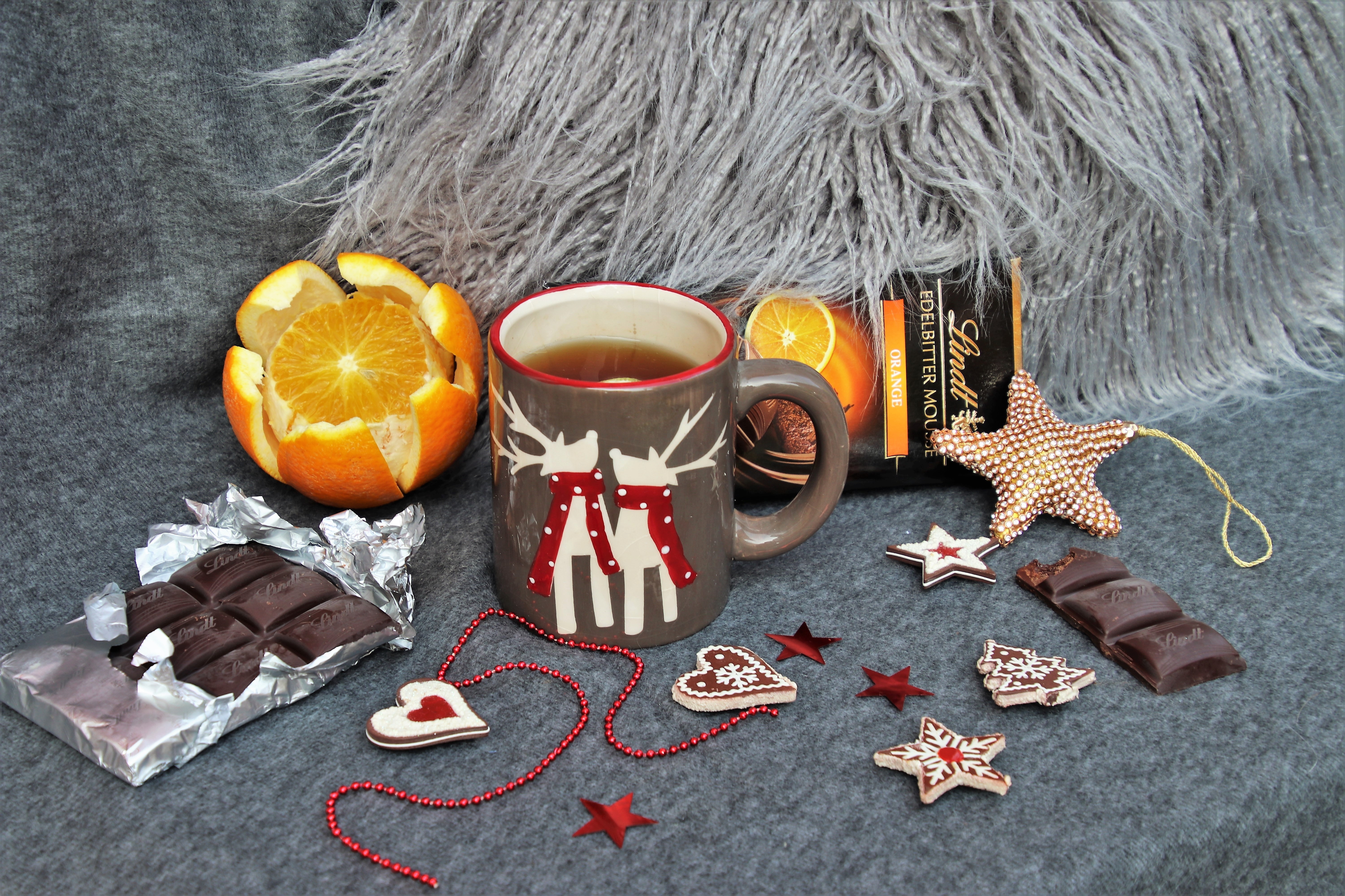 Chocolate, Tea, Orange, and Christmas Decorations HD Wallpaper