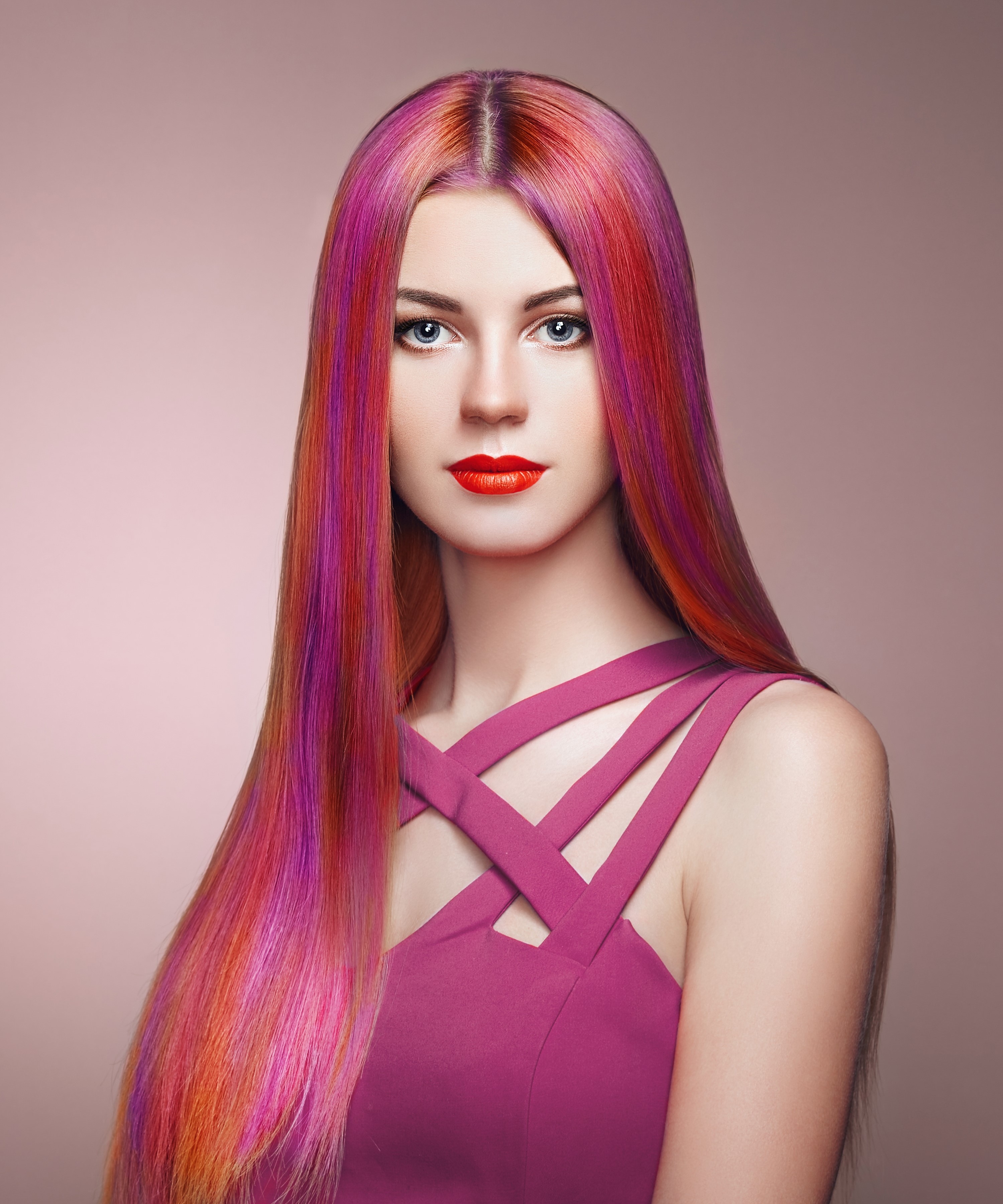 Woman with colorful hair and pink dress HD Wallpaper