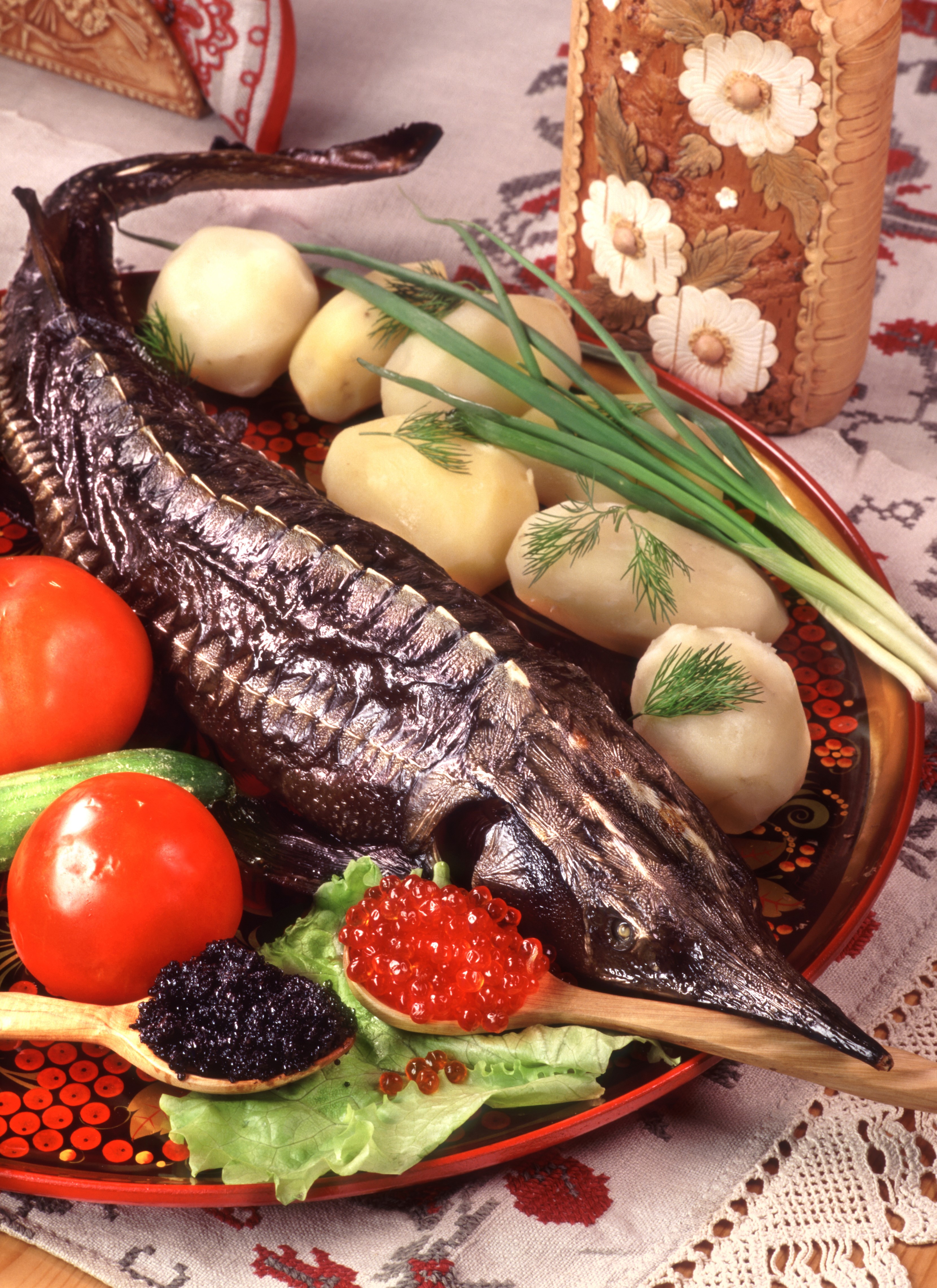 Smoked Sturgeon with Potatoes, Tomatoes, and Caviar HD Phone Wallpaper