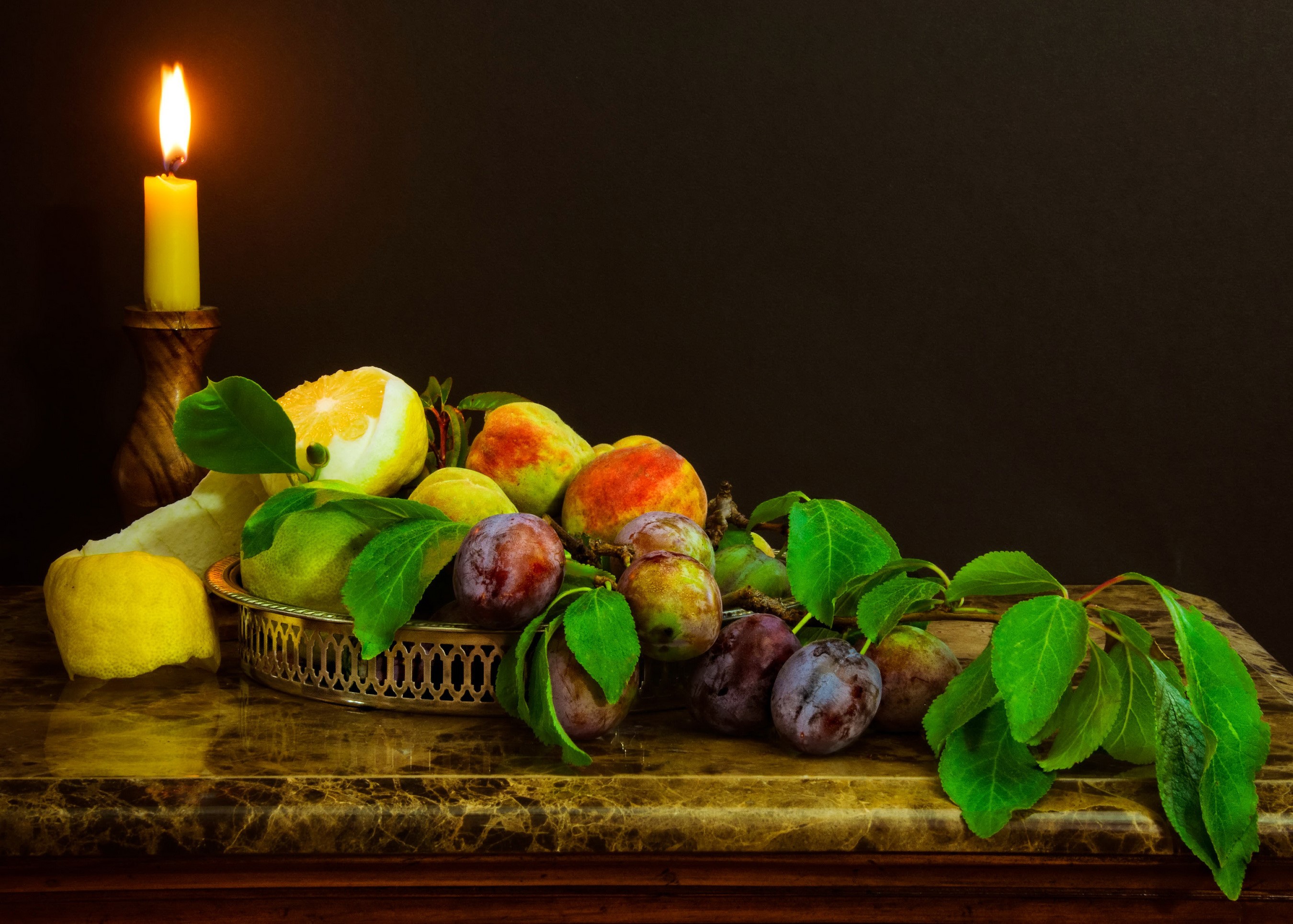 Still life with fruit and candle HD Wallpaper