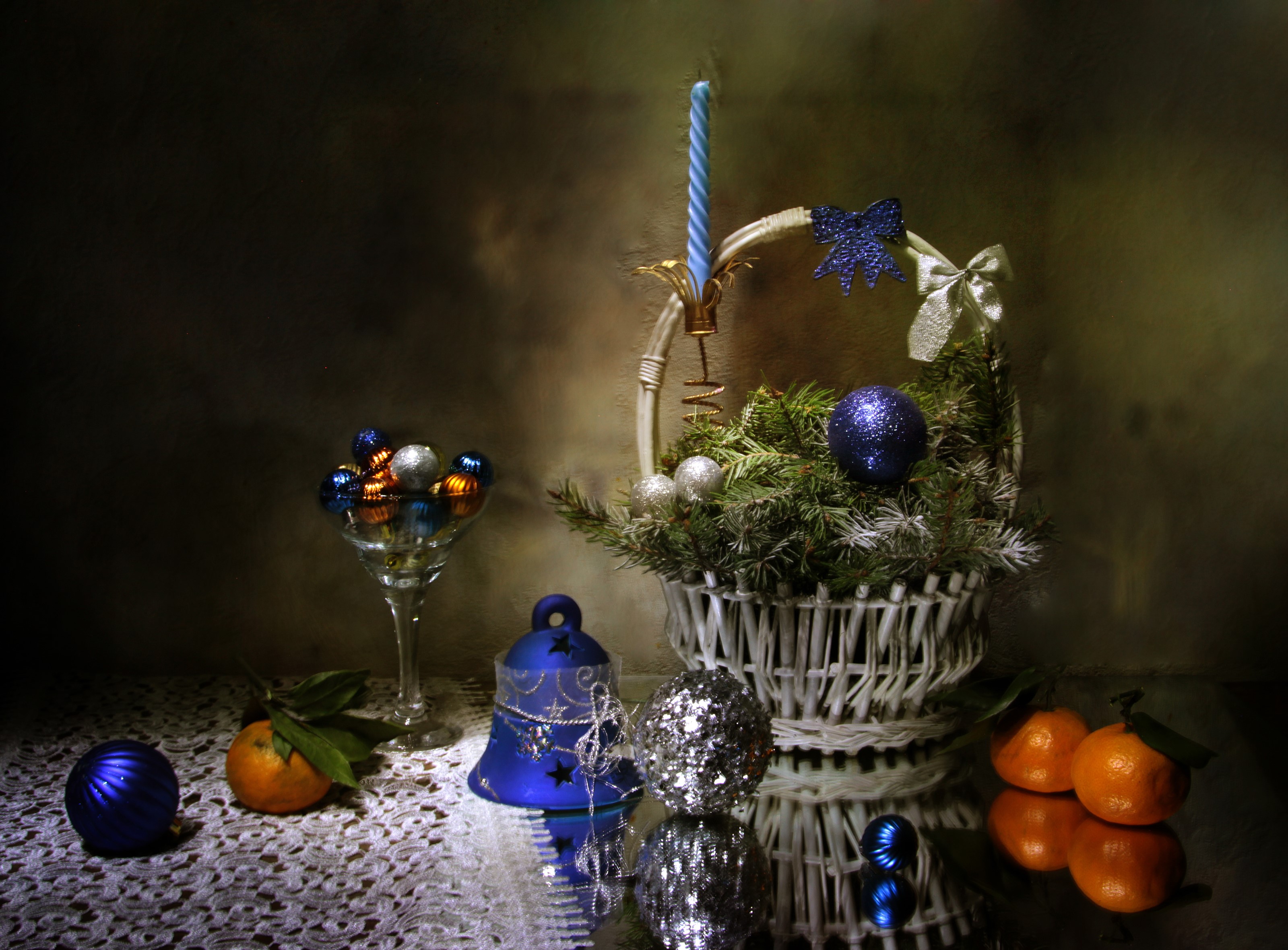 Christmas still-life with ornaments and tangerines HD Wallpaper