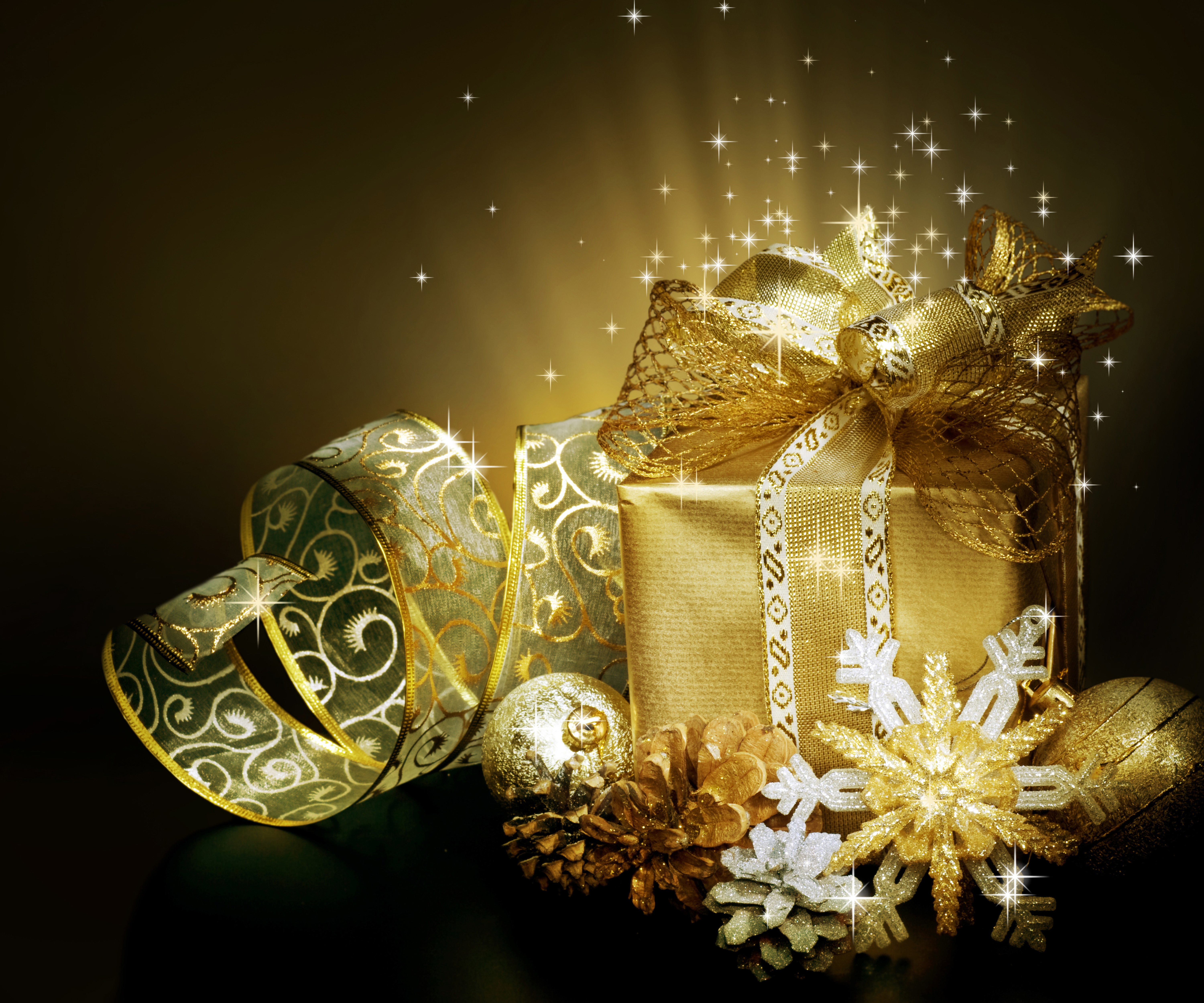 Golden Christmas Gift with Ribbon and Ornaments HD Wallpaper