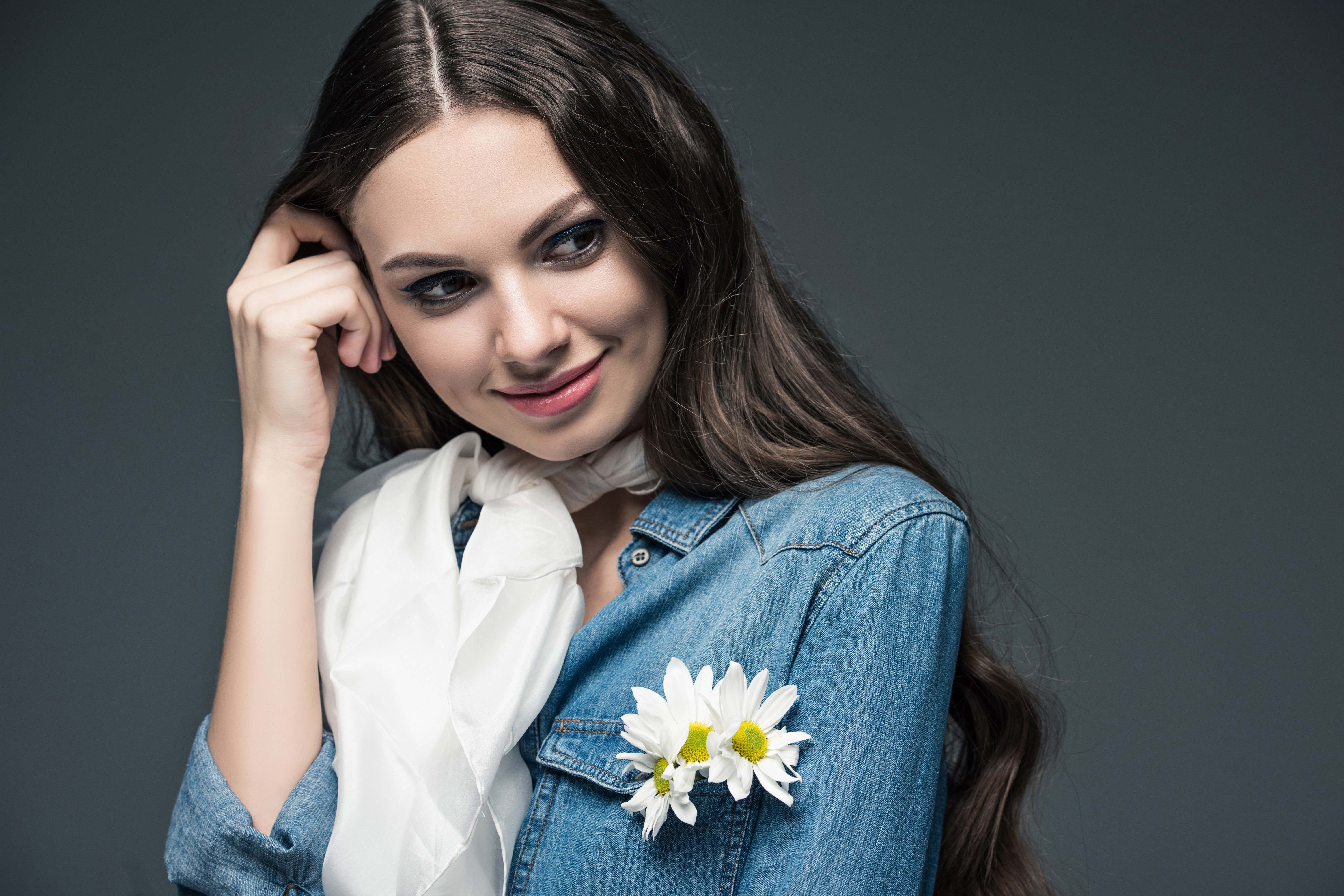 Brown haired woman with flowers on denim shirt HD Wallpaper