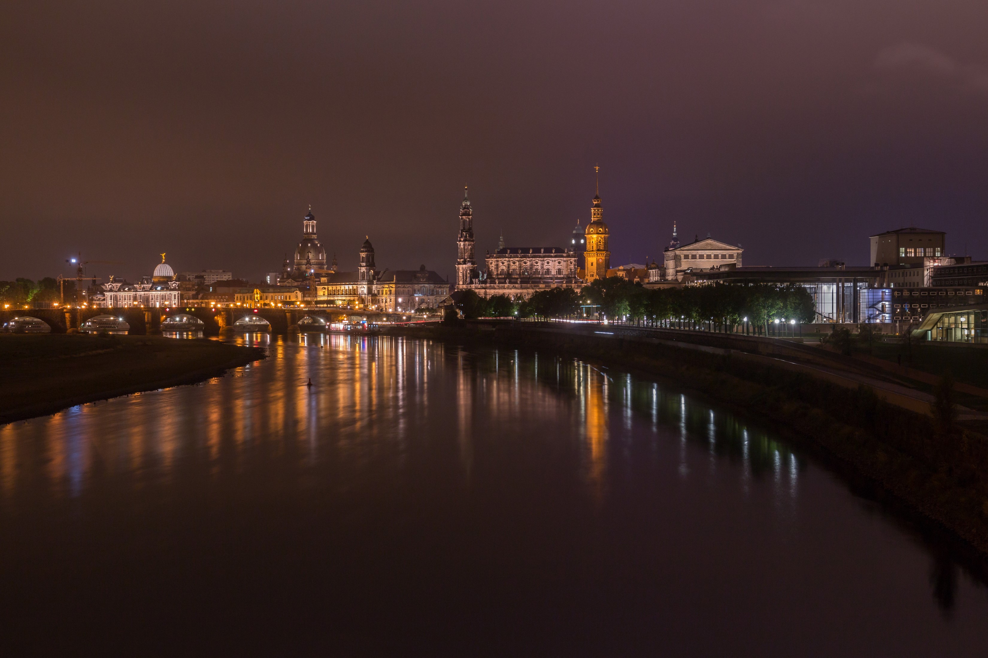 Dresden skyline at night with Elbe river and bridge HD Wallpaper