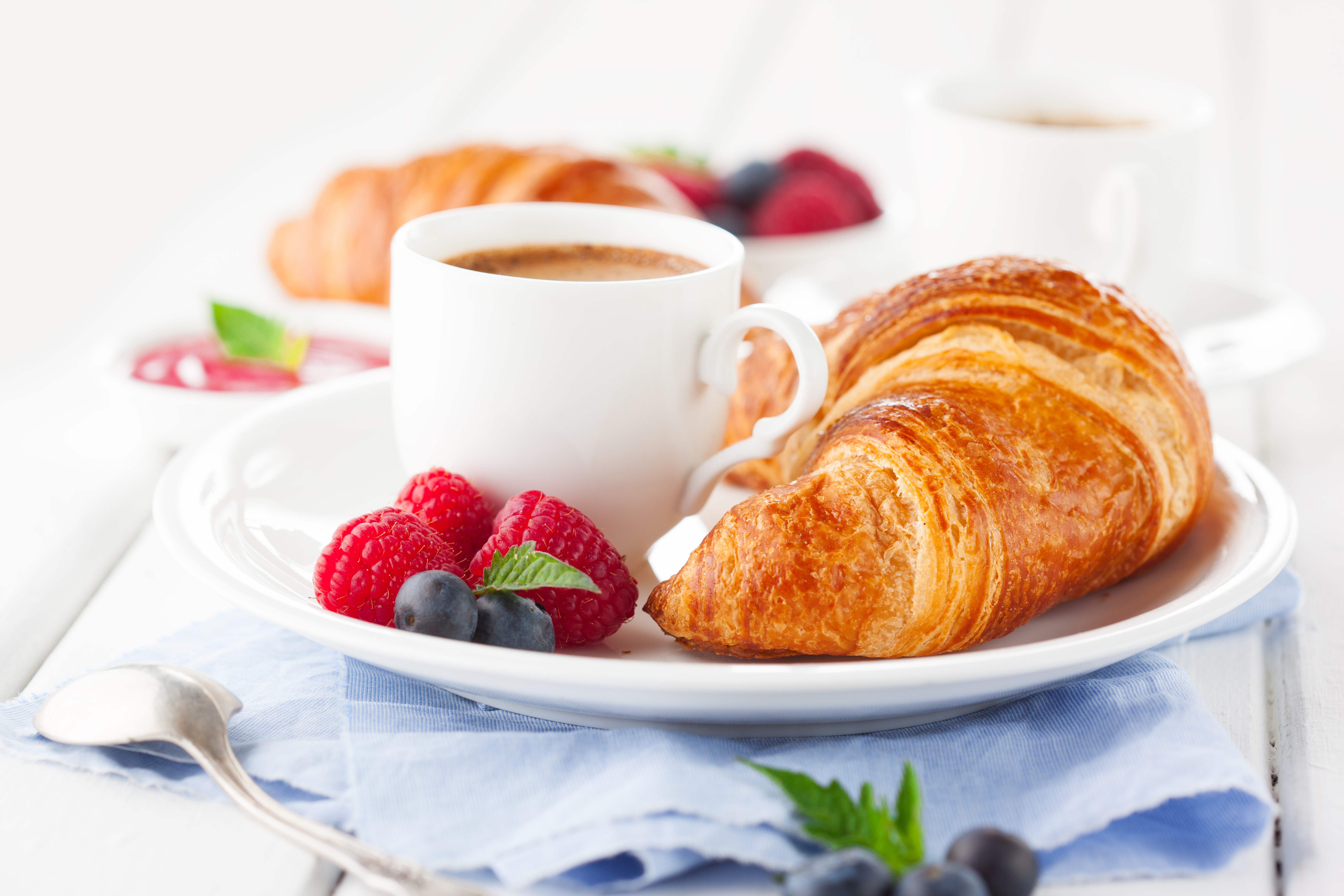 Croissant with coffee and berries HD Wallpaper