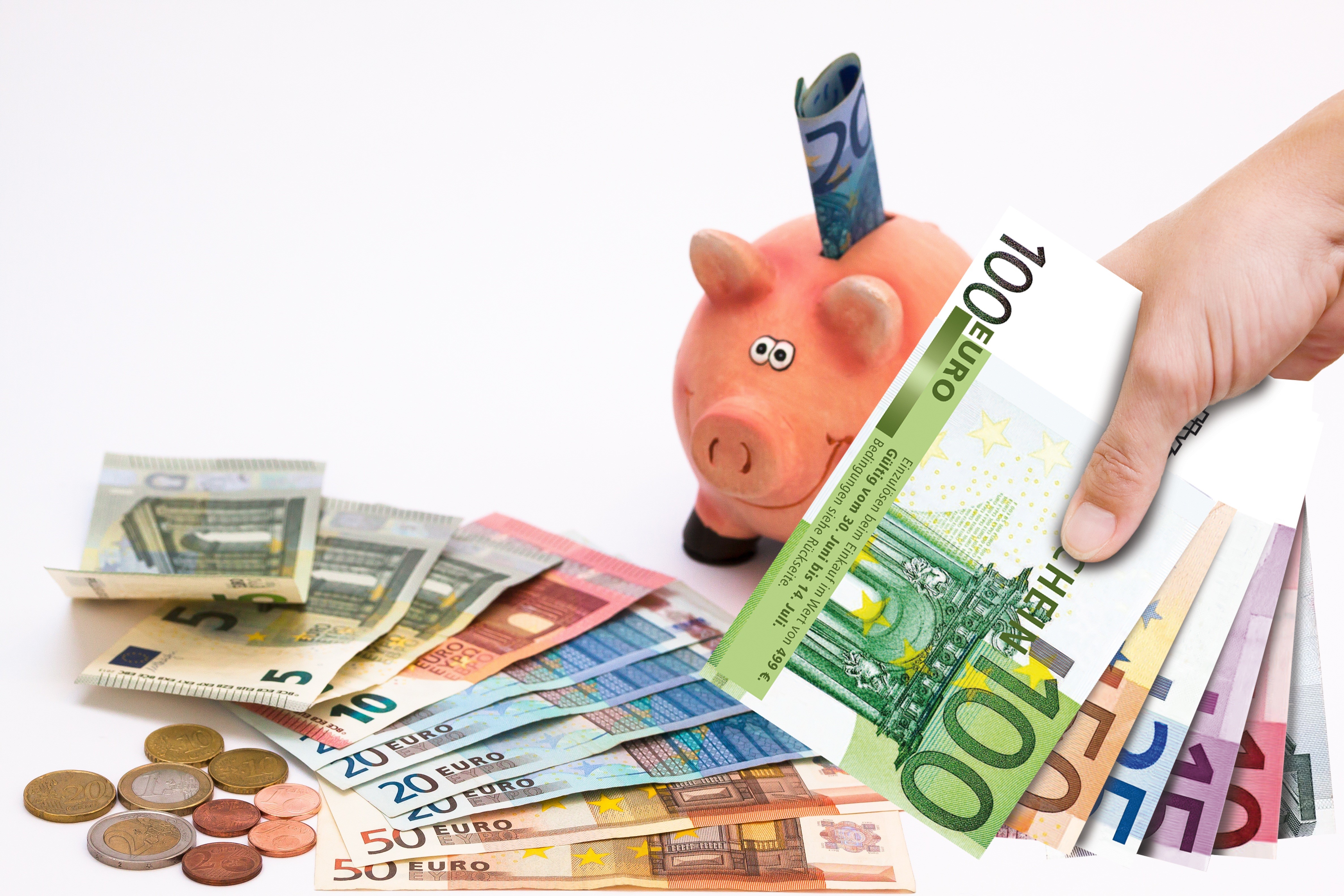 Euro banknotes and coins with piggy bank HD Wallpaper