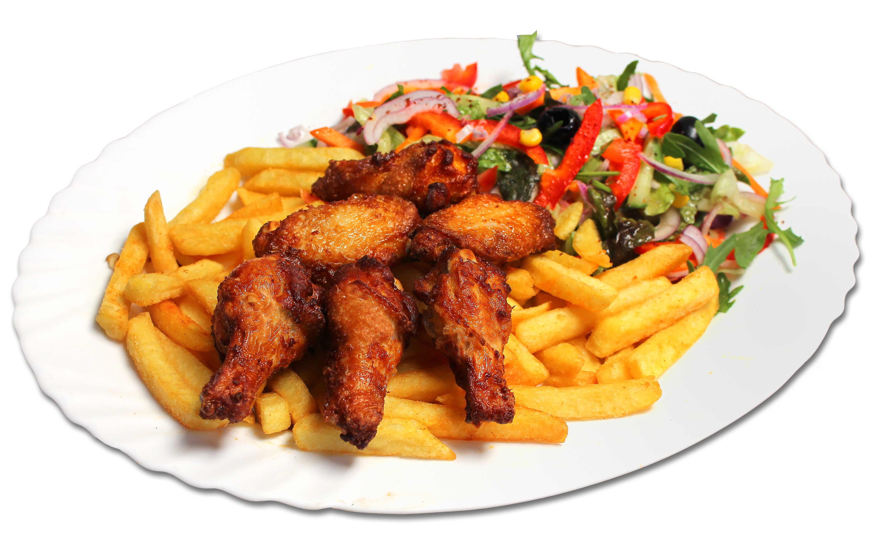 Chicken wings with french fries and salad on a plate HD Wallpaper