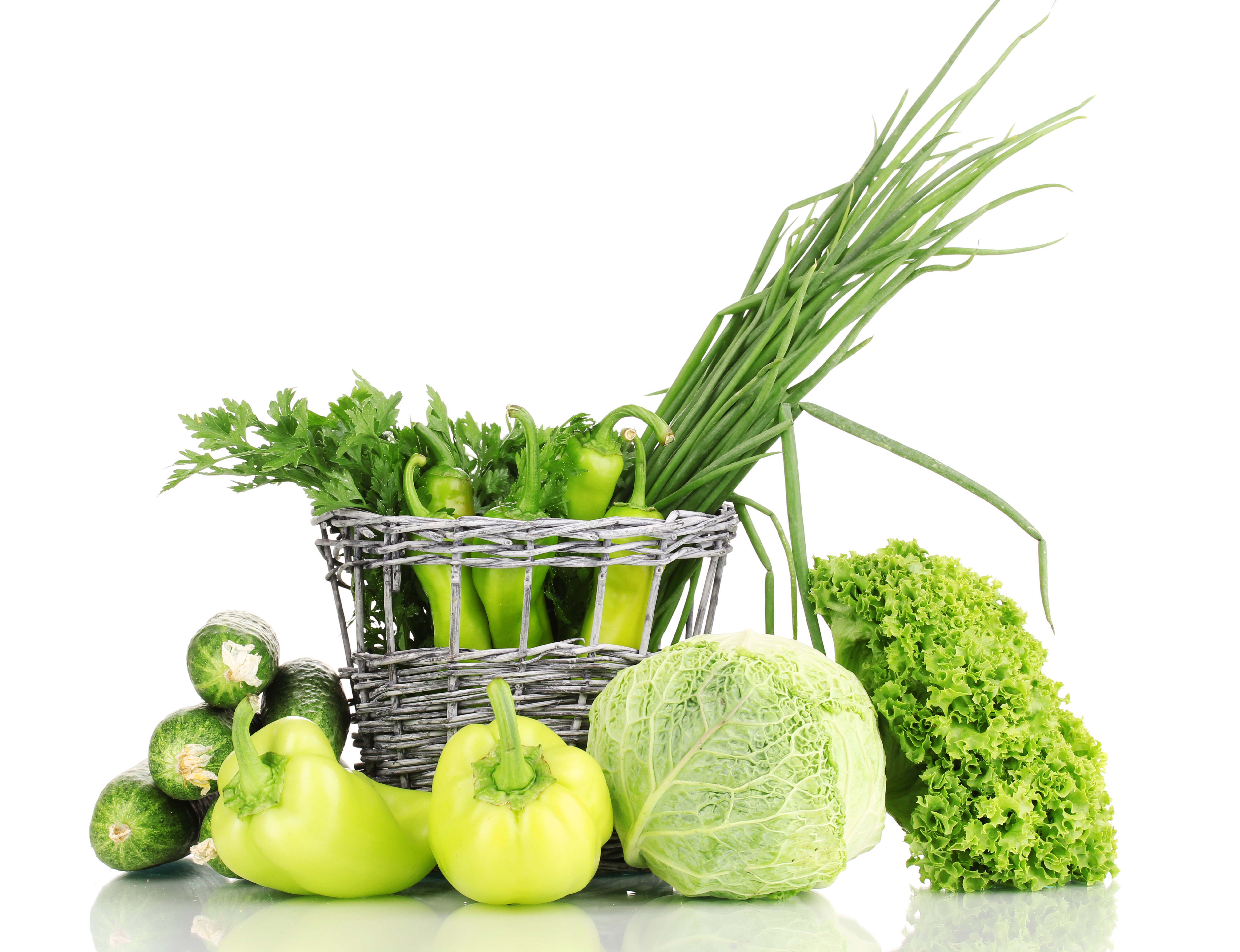 Assortment of fresh green vegetables on a white background HD Wallpaper