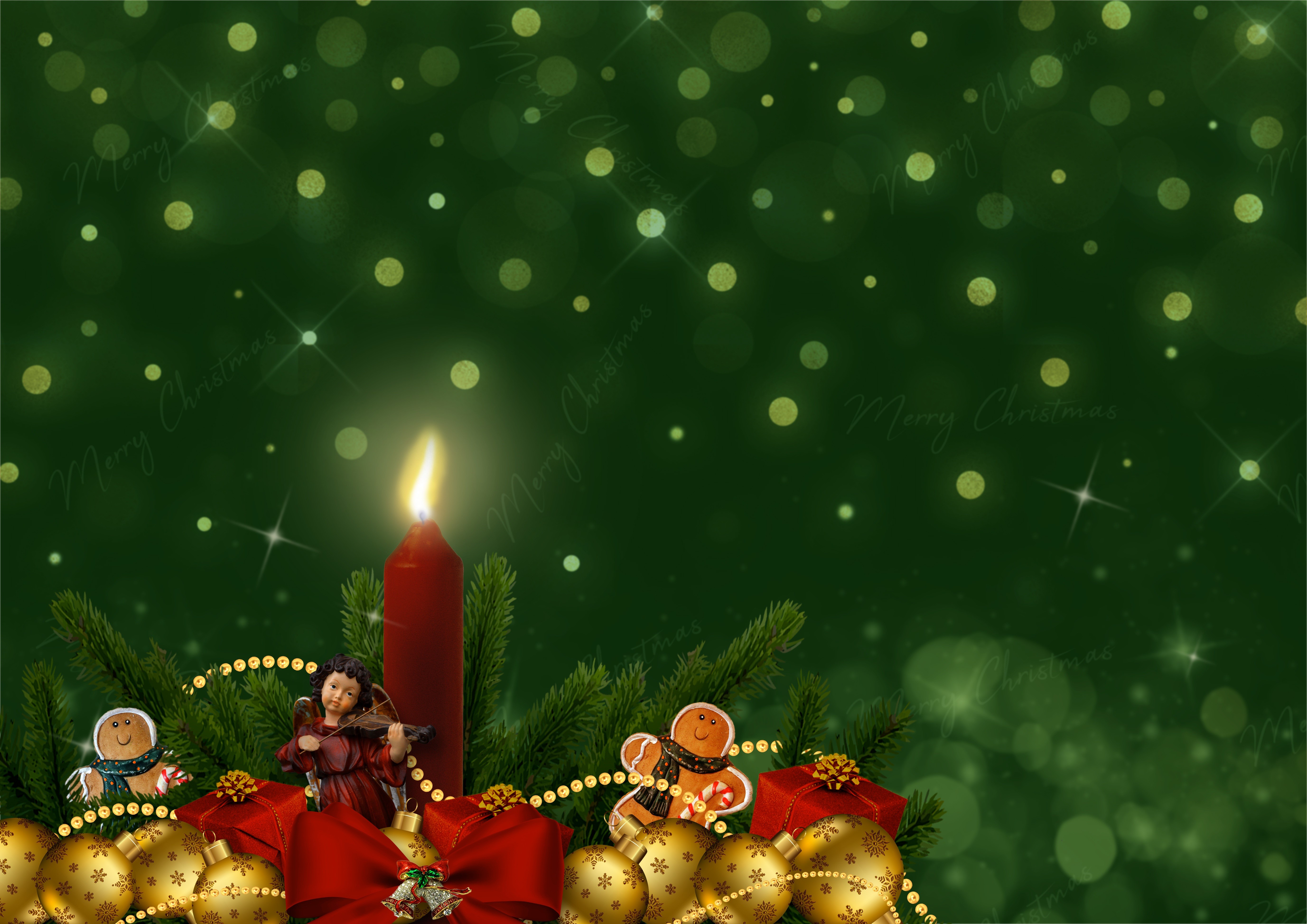 Christmas candle with ornaments and gingerbread man HD Wallpaper