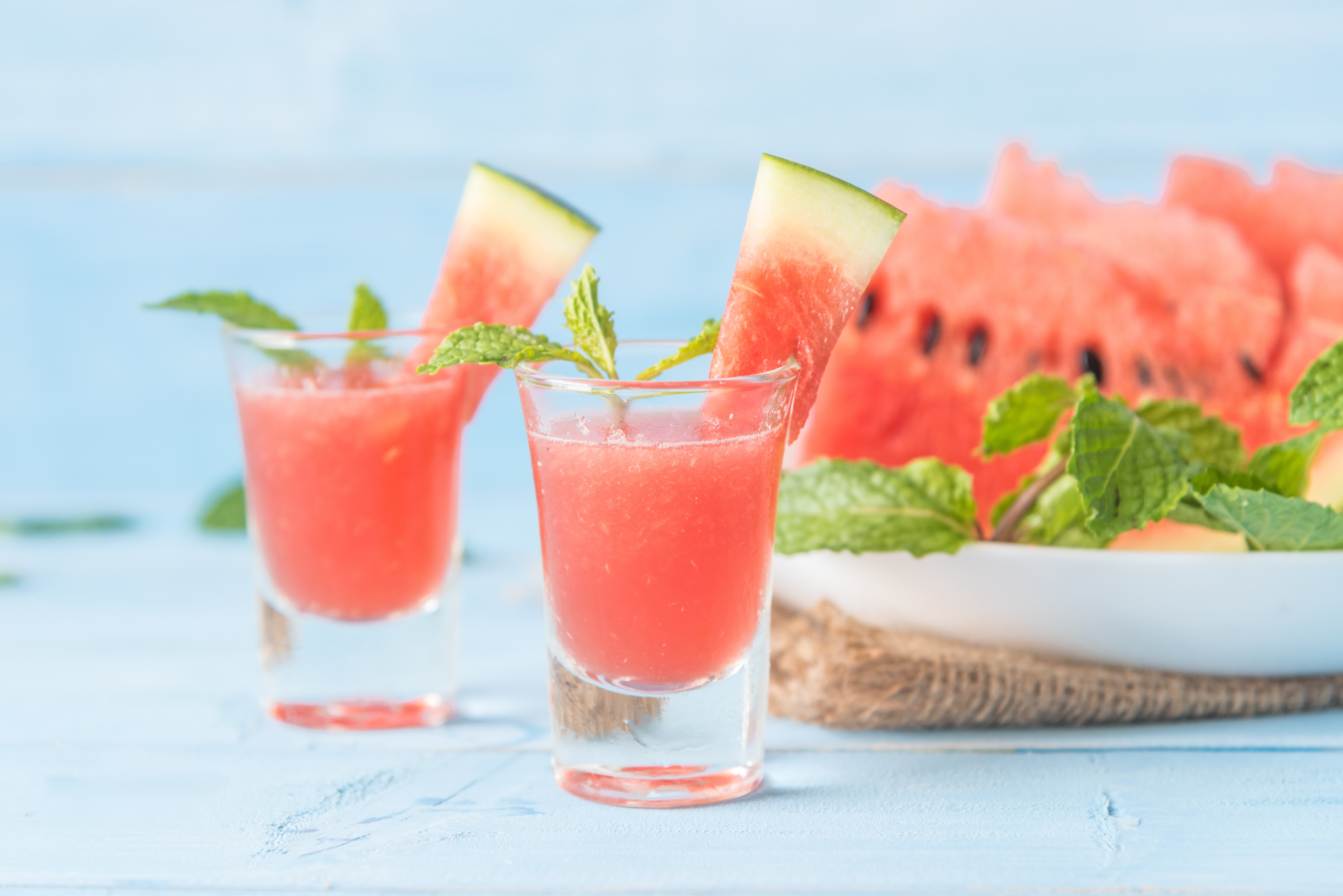 Watermelon shots with mint and watermelon slices HD Wallpaper