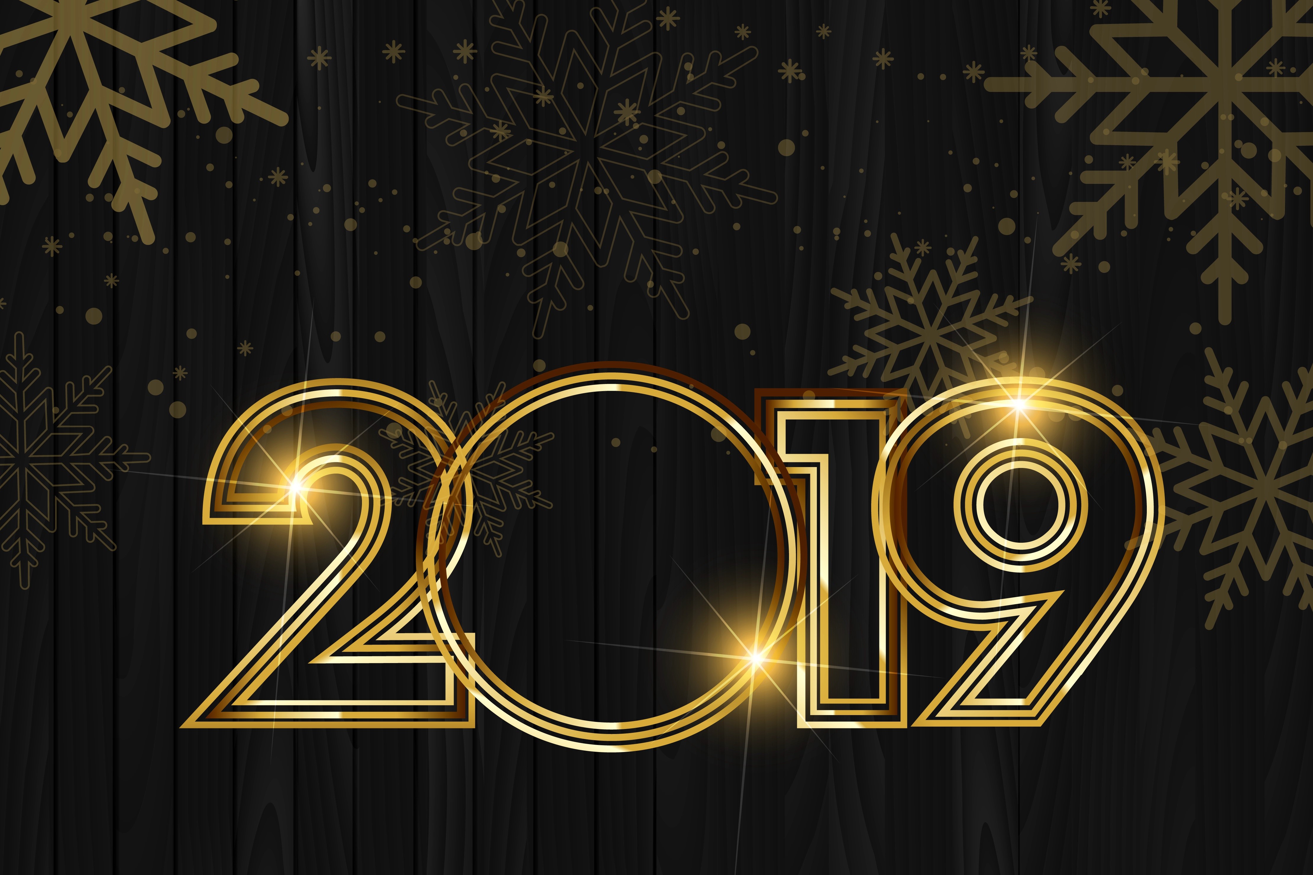 2019 New Year's Eve Golden Snowflakes HD Wallpaper