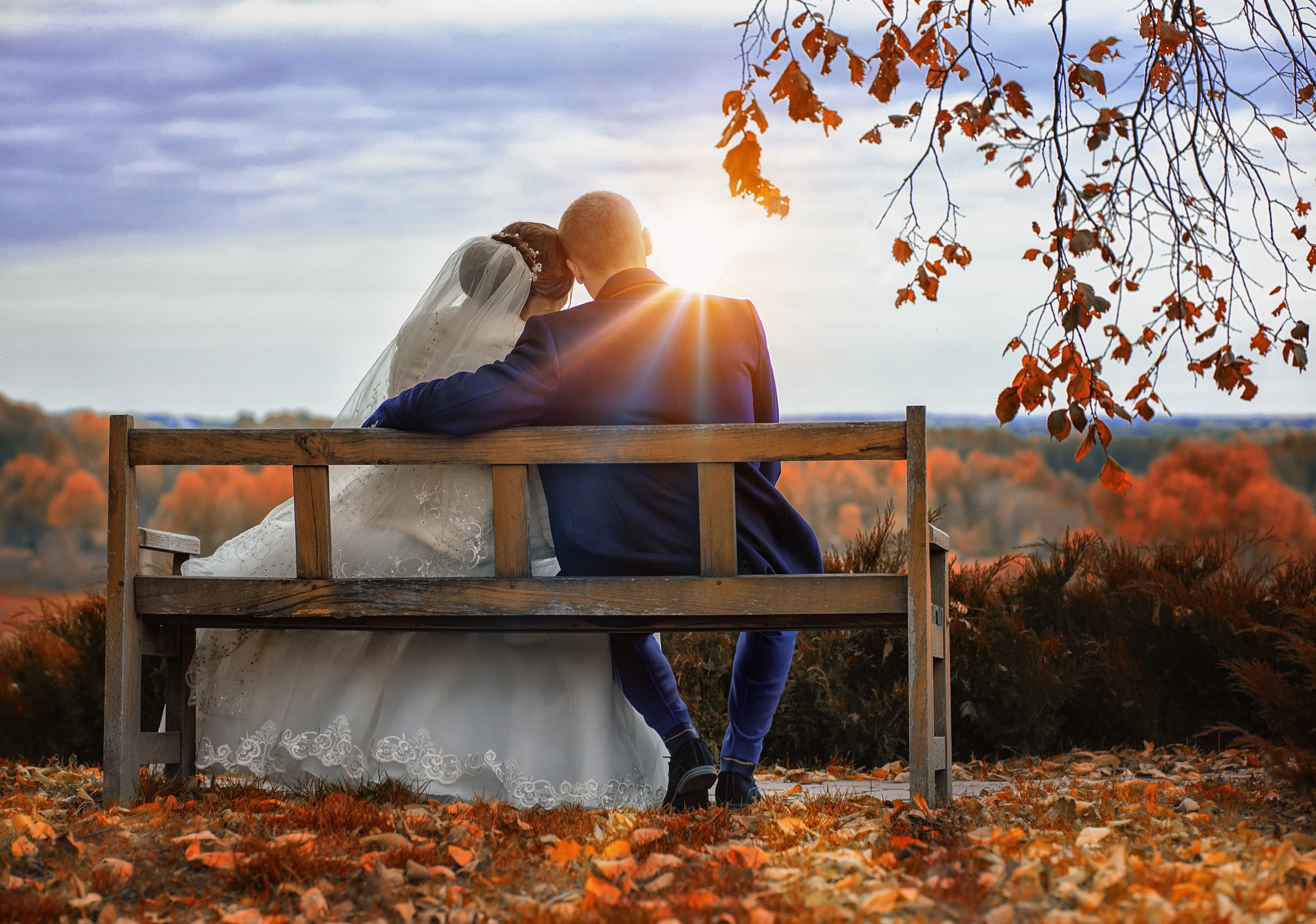 Bride and Groom sitting on a bench in autumn HD Wallpaper
