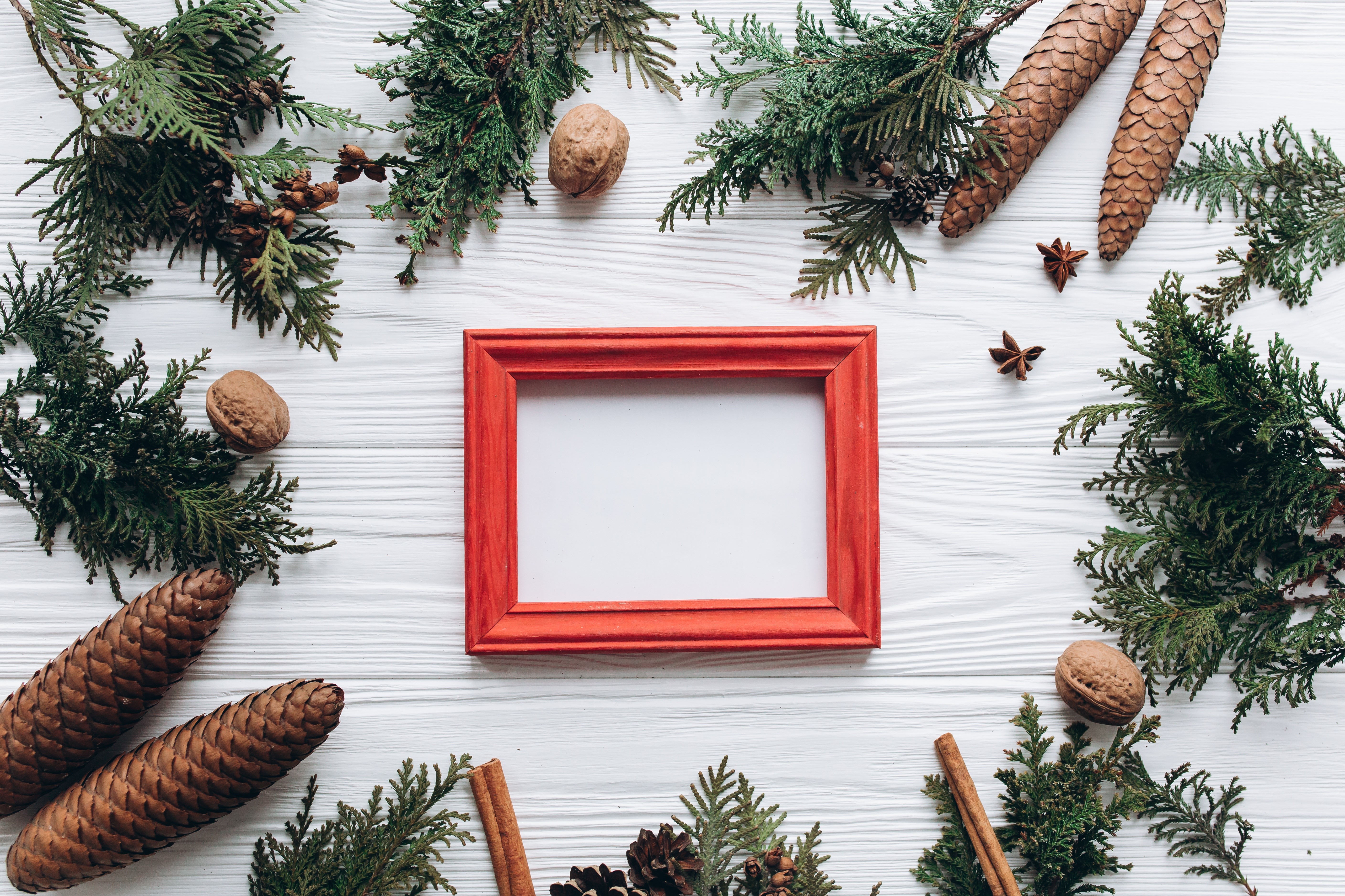 Christmas frame with pine cones and cedar branches HD Wallpaper