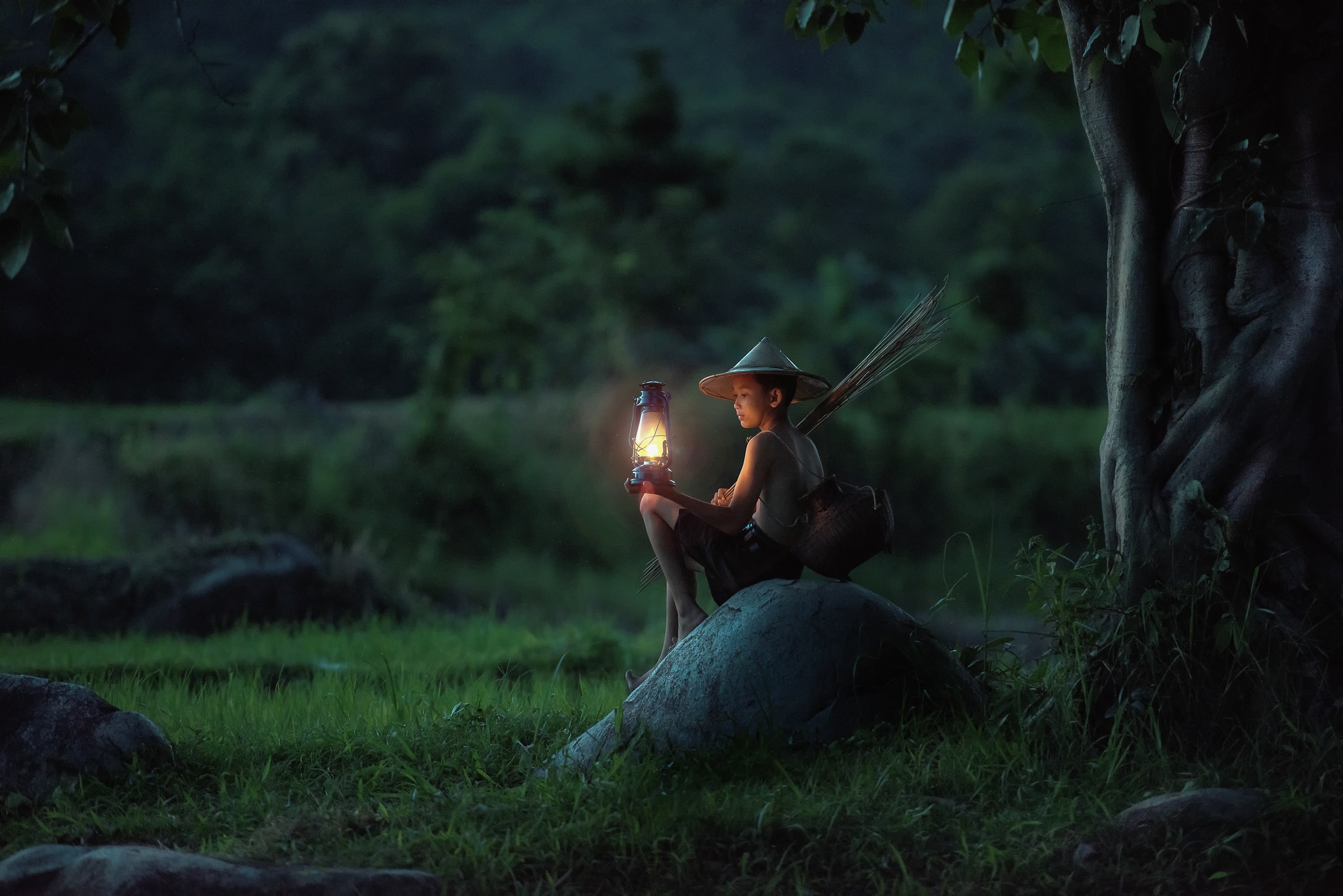 Boy with lantern sitting on a rock in the evening HD Wallpaper