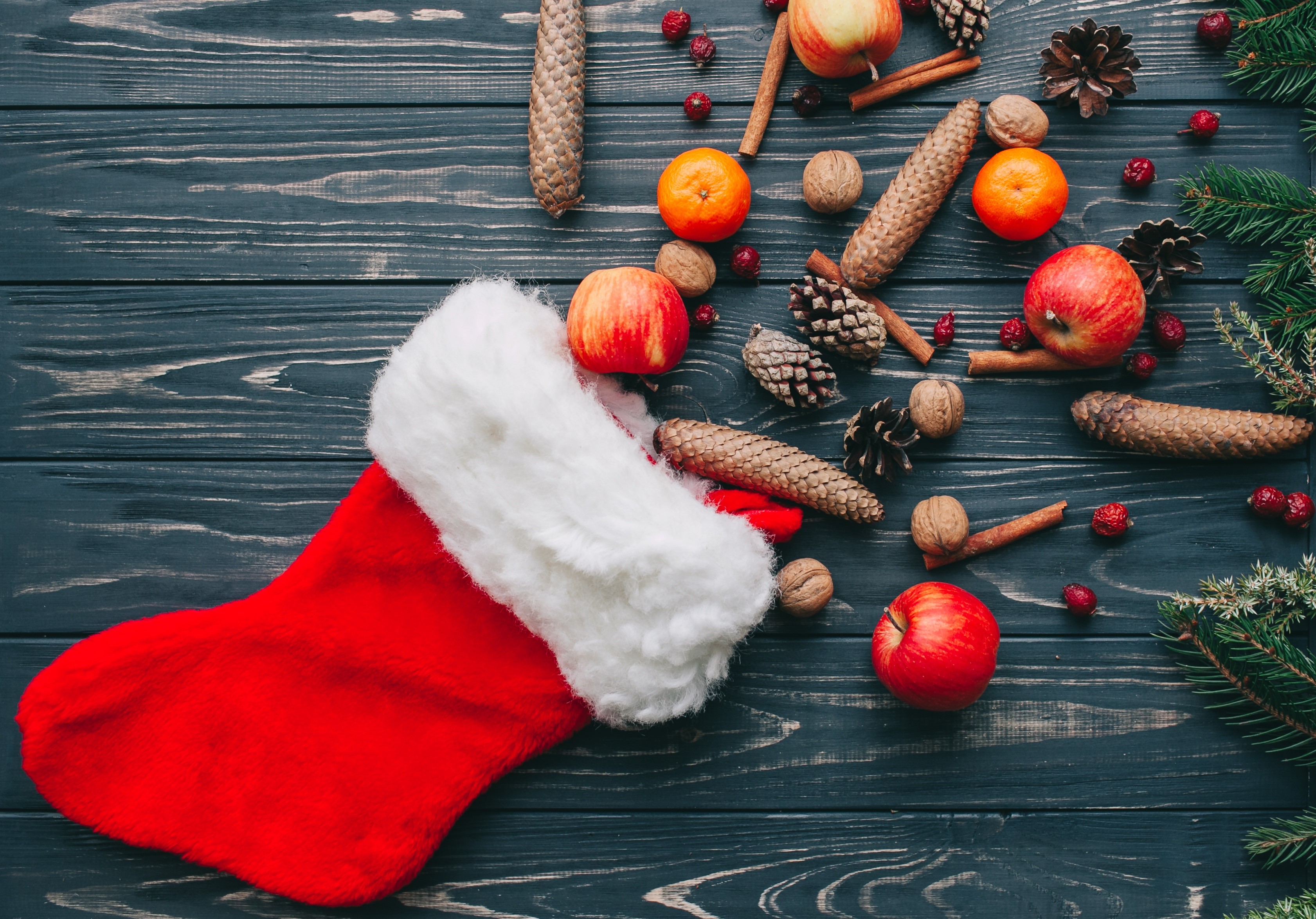 Christmas stocking with apples, pine cones, and tangerines HD Wallpaper