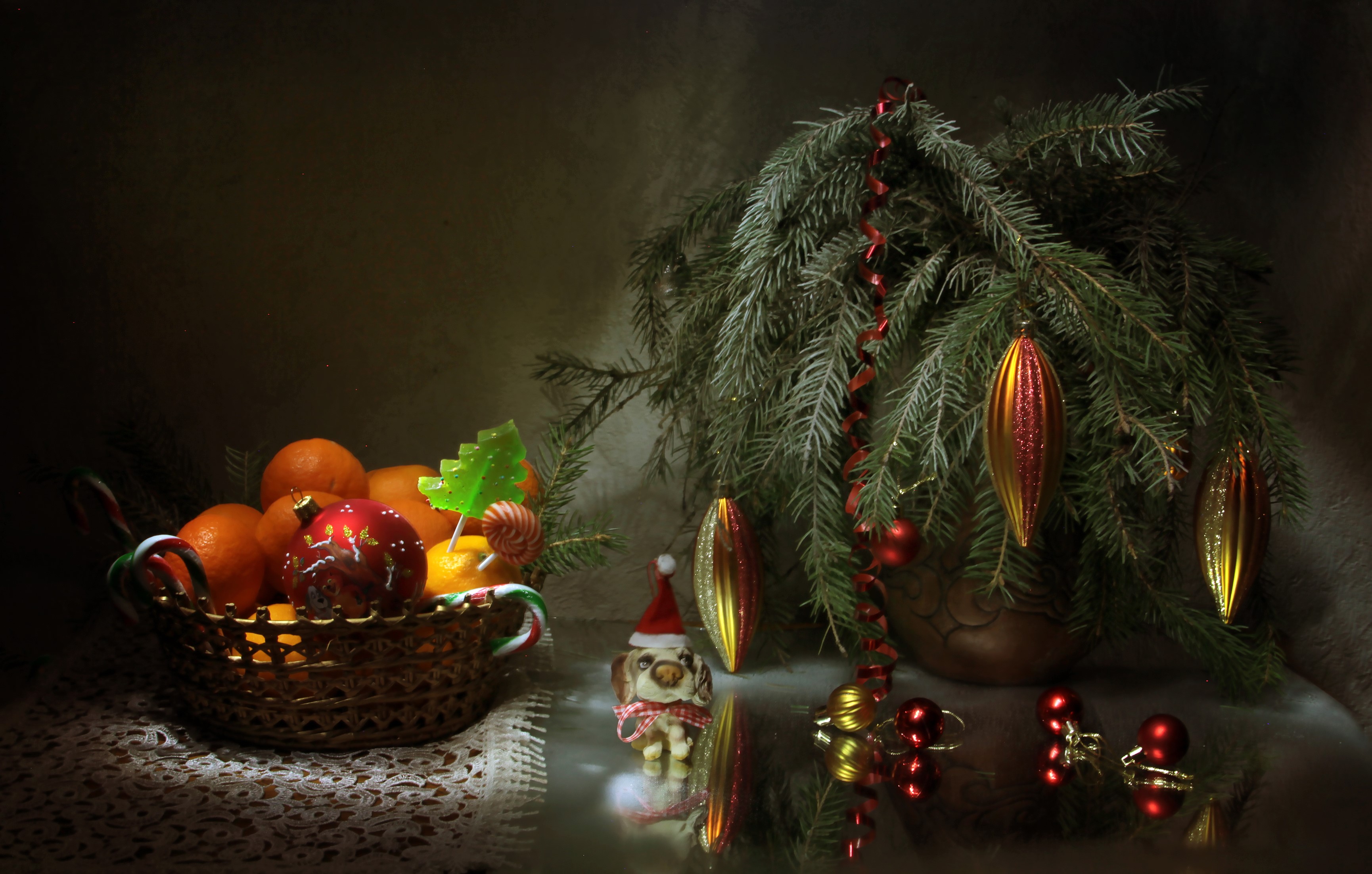 Christmas still life with tangerines and ornaments HD Wallpaper