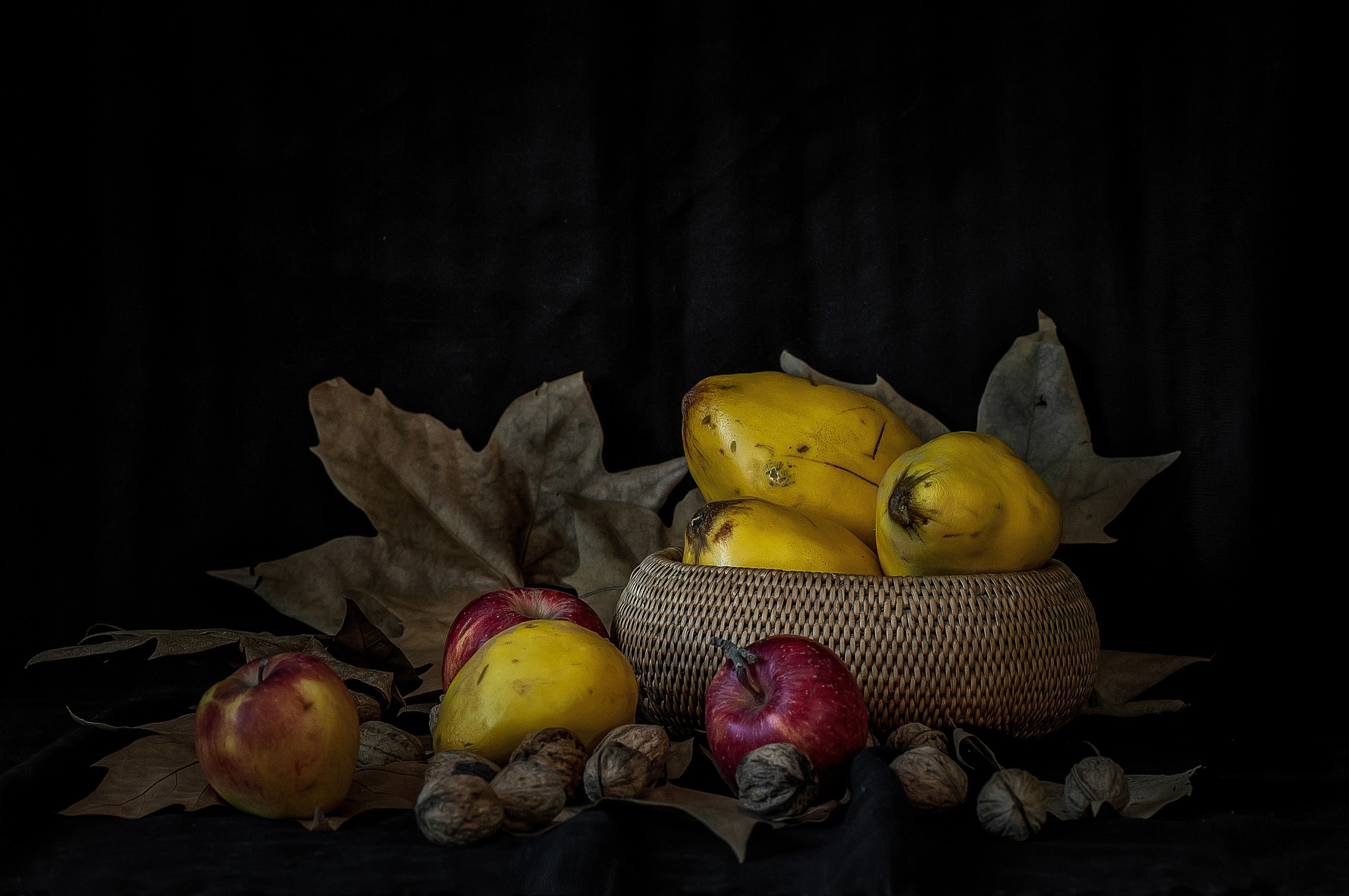Still life of fruit, nuts, and autumn leaves HD Wallpaper