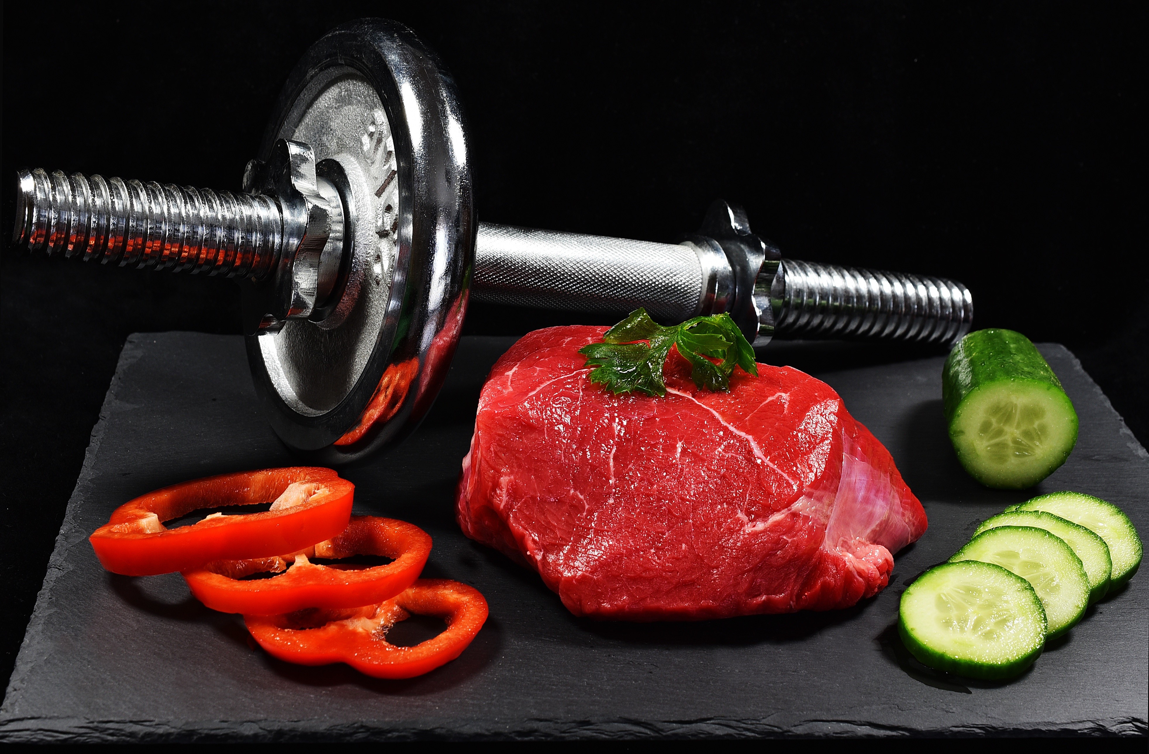 Dumbbell with Raw Meat, Bell Pepper, and Cucumbers HD Wallpaper