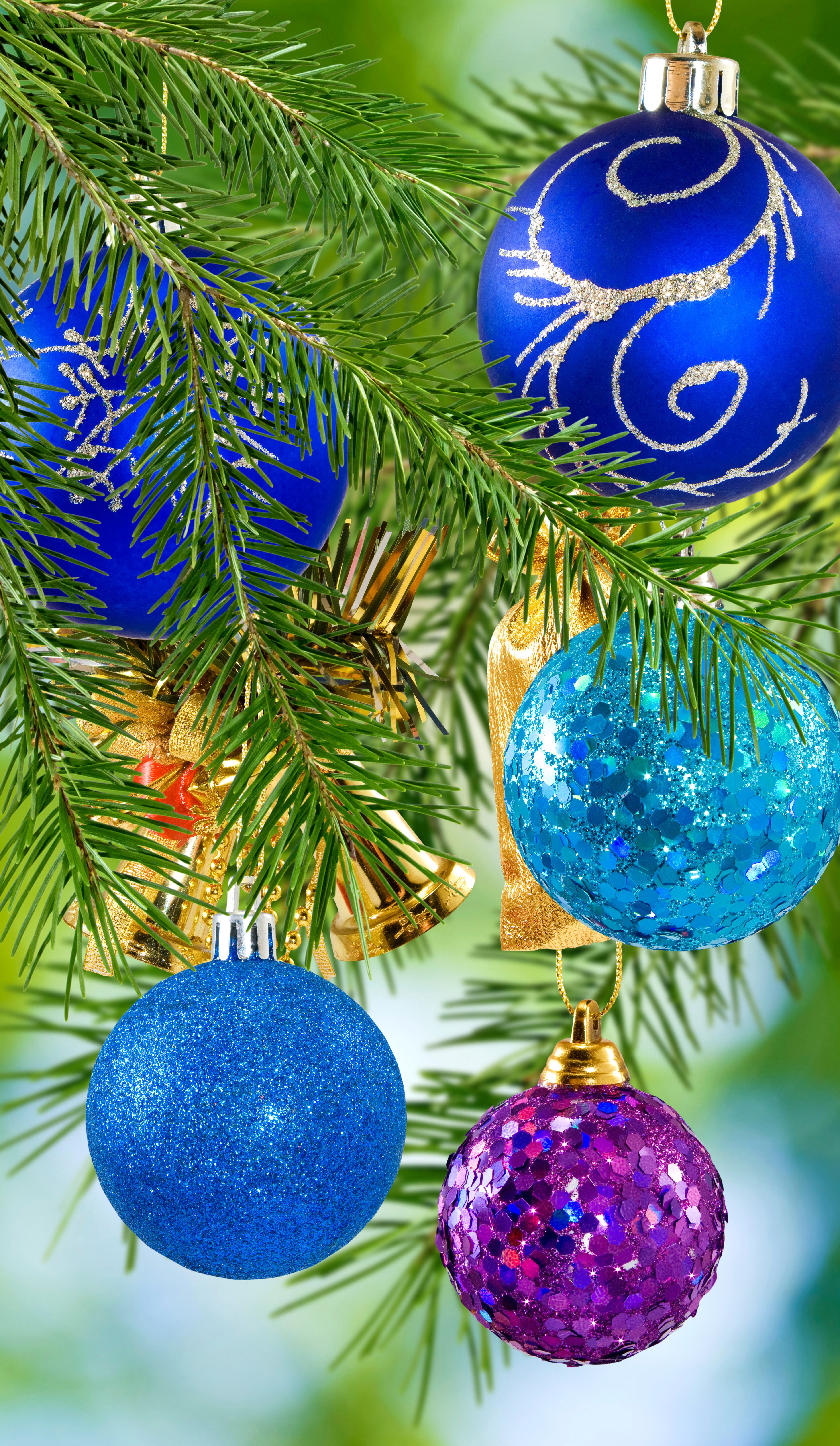 Christmas tree branches with blue and purple ornaments HD Phone Wallpaper