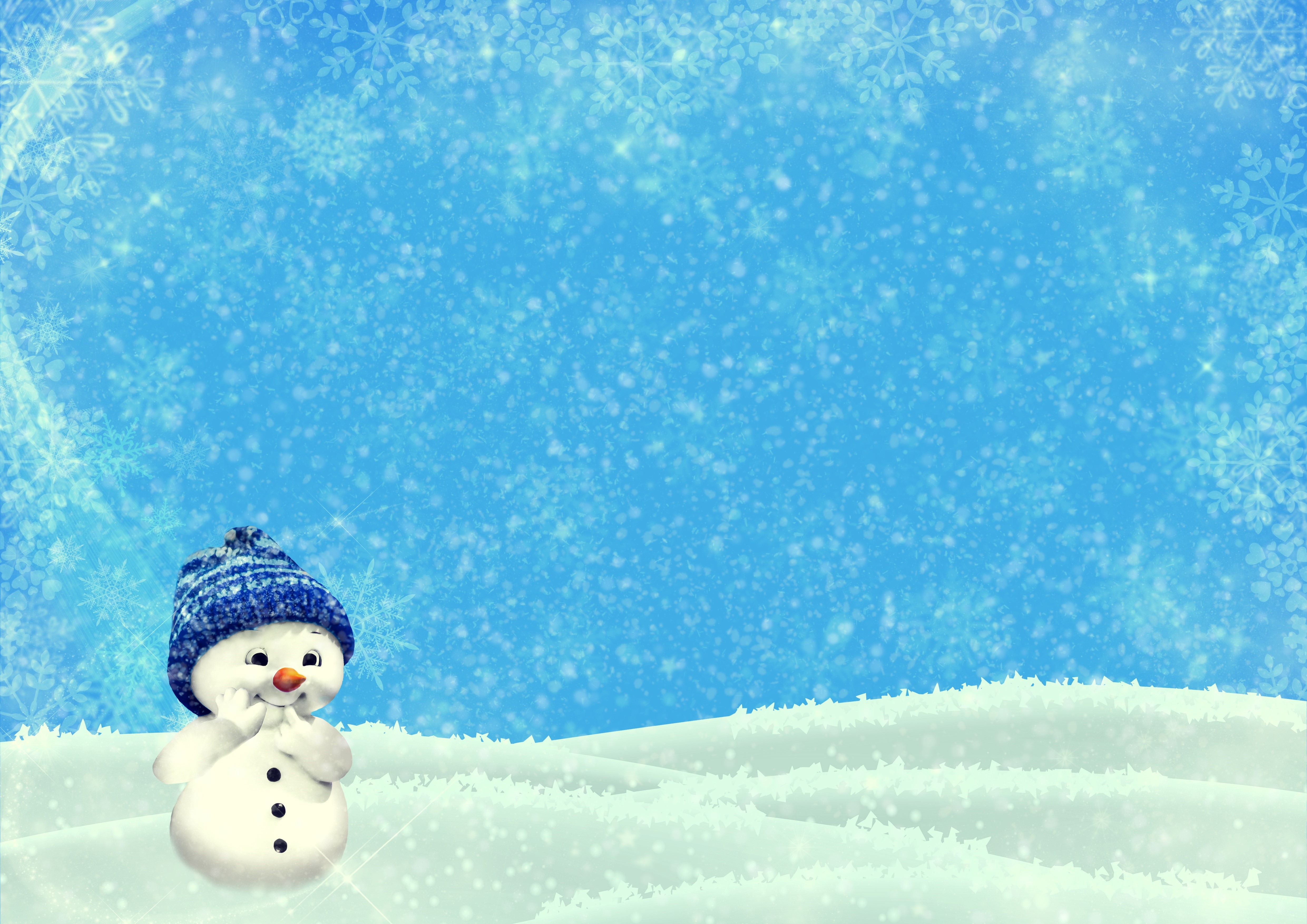 Snowman in a blue winter hat with snowflakes HD Wallpaper