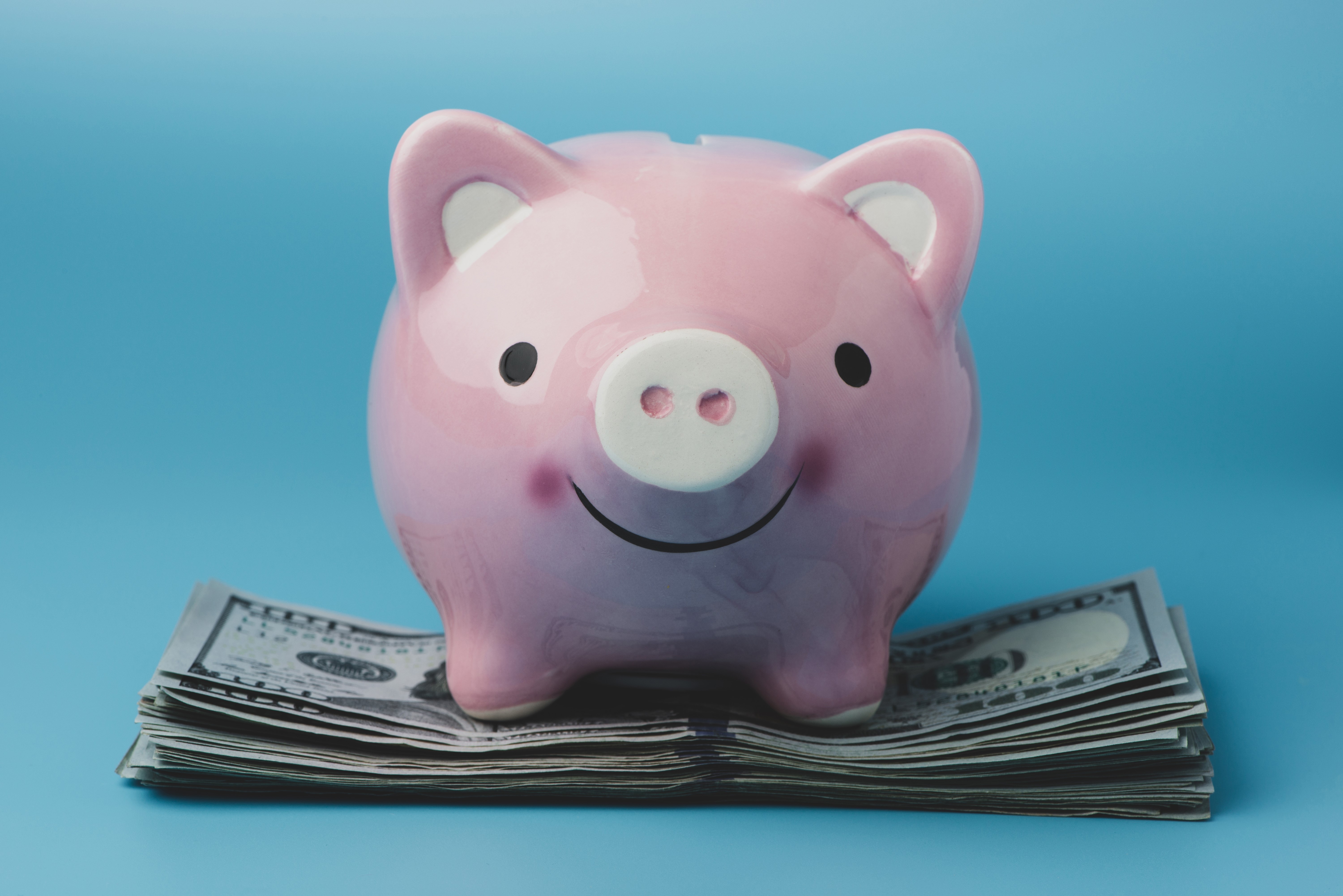 Pink piggy bank on US dollar banknotes HD Wallpaper