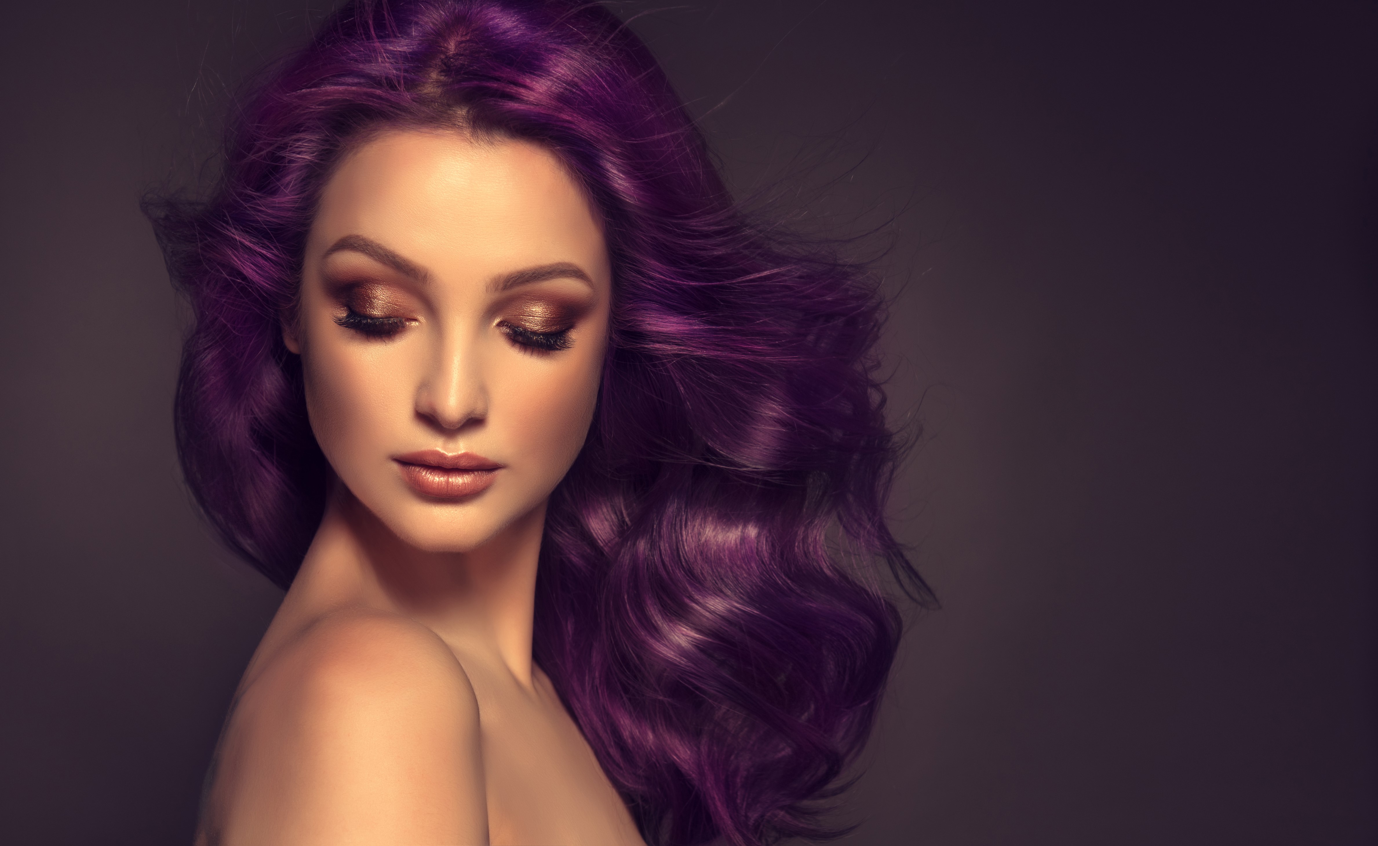 Woman with purple hair and makeup HD Wallpaper