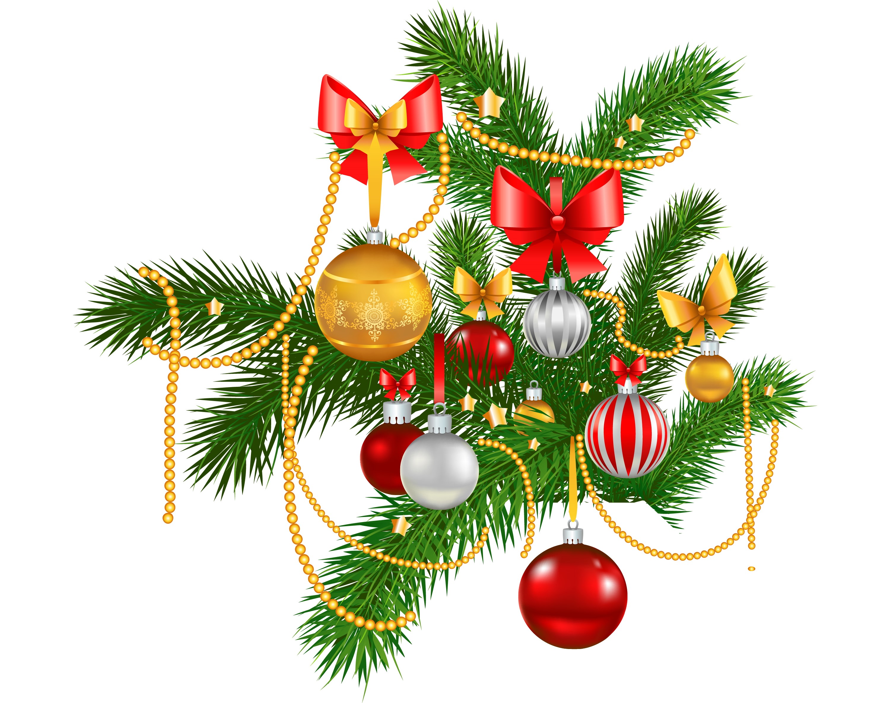 Christmas tree branches with ornaments and bows HD Wallpaper