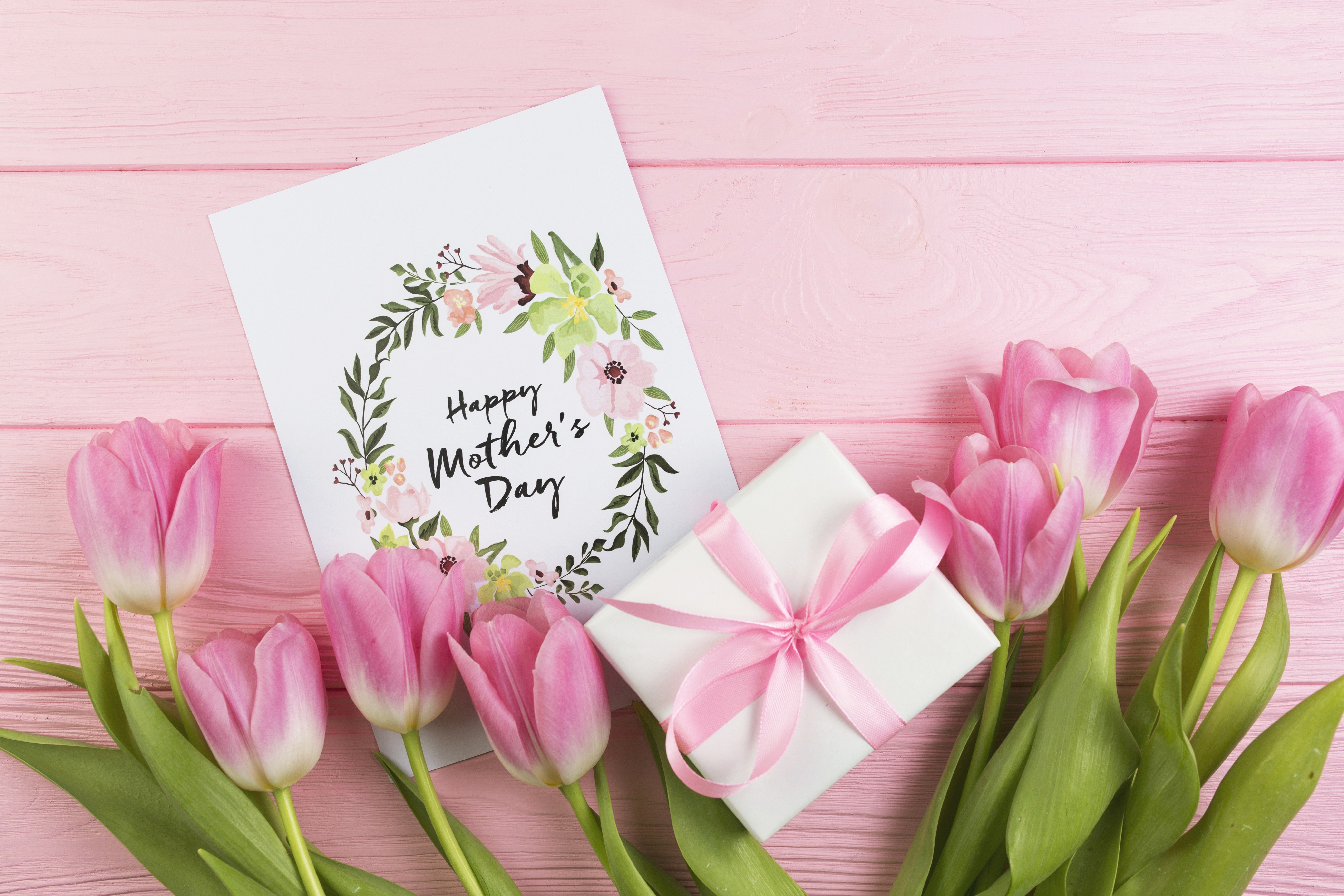 Pink Tulips and Mother's Day Card with Gift HD Wallpaper