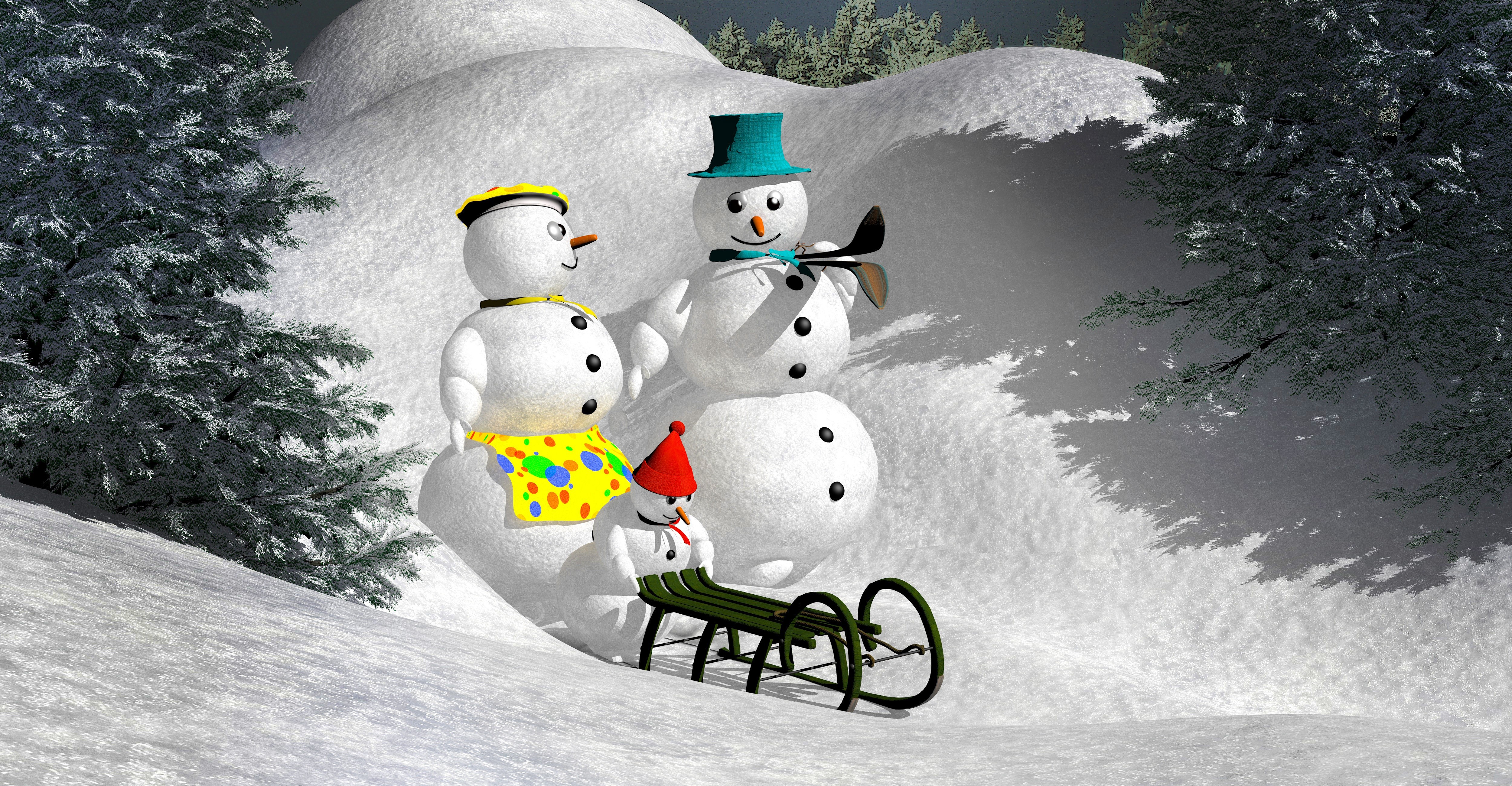 Three snowmen with hats and a sled in the snow HD Wallpaper